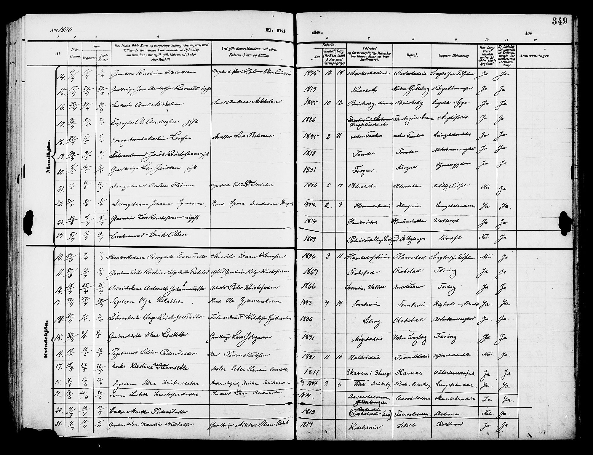 Vang prestekontor, Hedmark, AV/SAH-PREST-008/H/Ha/Hab/L0014: Klokkerbok nr. 14, 1896-1914, s. 349
