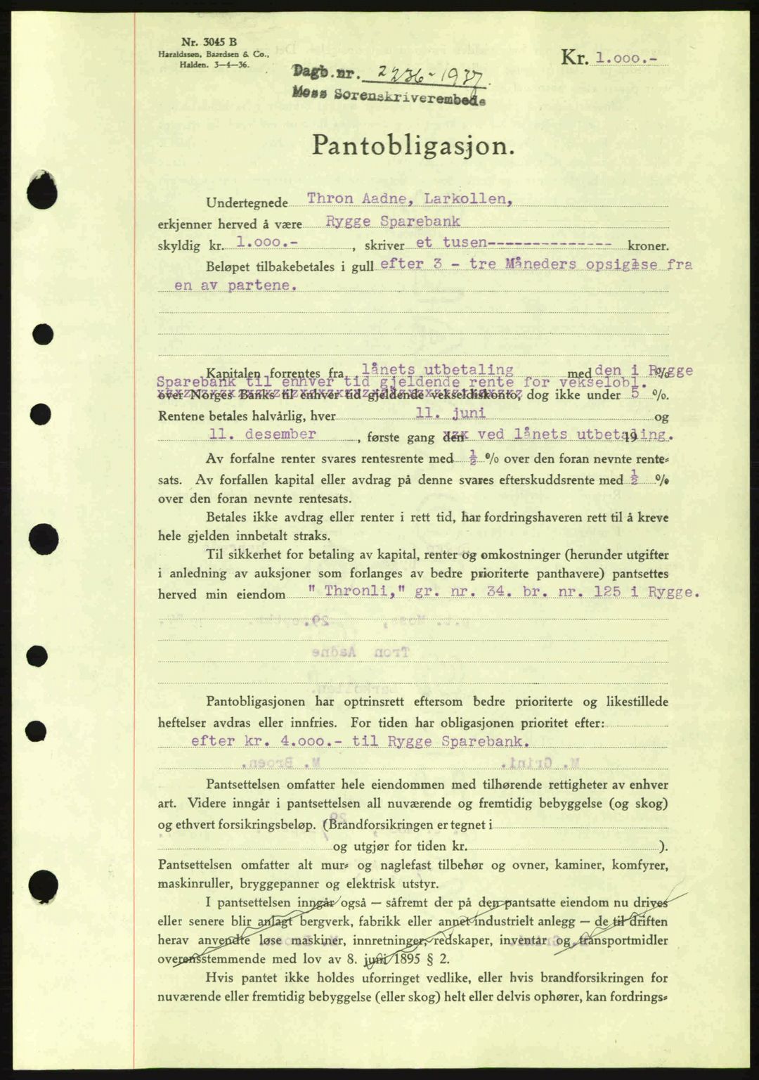 Moss sorenskriveri, SAO/A-10168: Pantebok nr. B4, 1937-1938, Dagboknr: 2236/1937