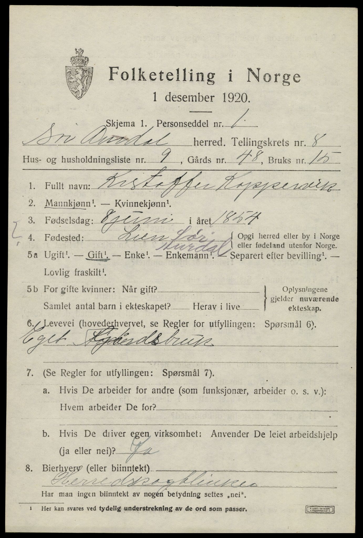 SAH, Folketelling 1920 for 0540 Sør-Aurdal herred, 1920, s. 4853