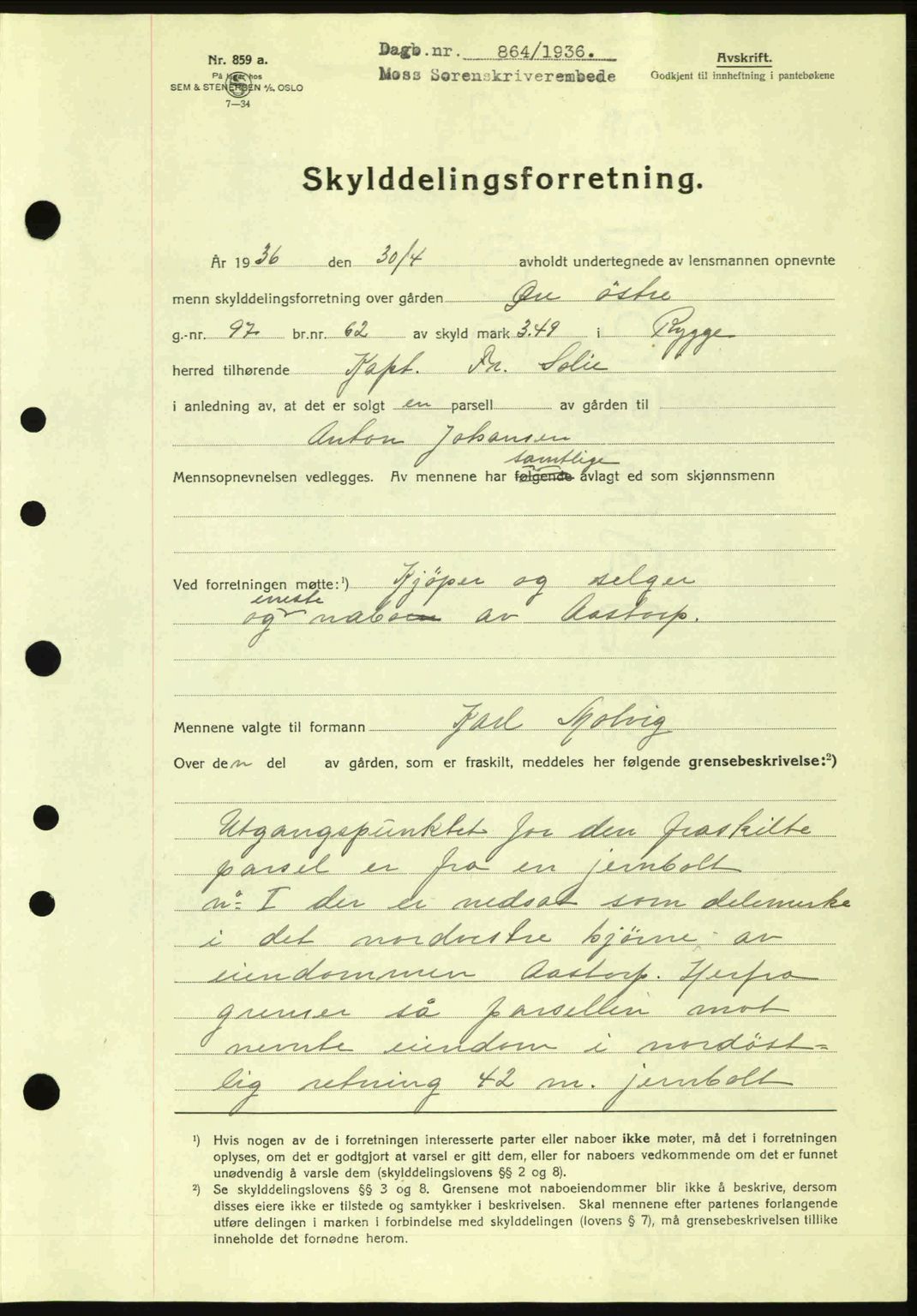 Moss sorenskriveri, SAO/A-10168: Pantebok nr. A1, 1936-1936, Dagboknr: 864/1936