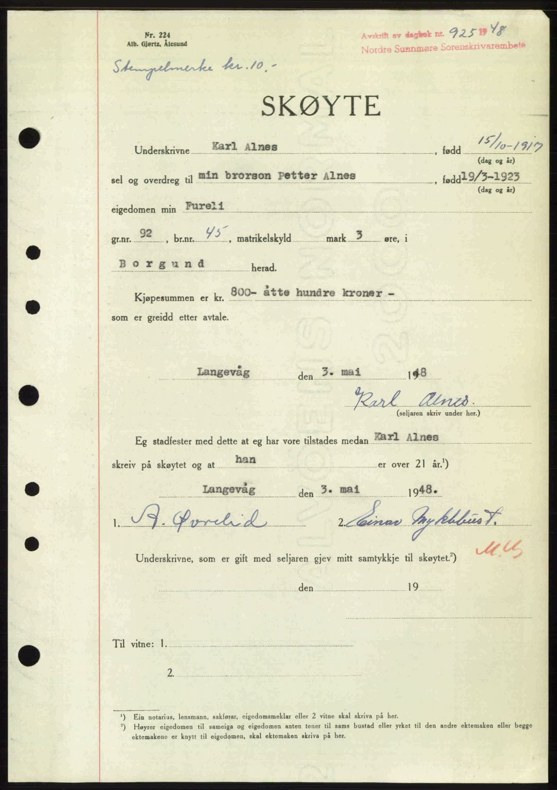 Nordre Sunnmøre sorenskriveri, AV/SAT-A-0006/1/2/2C/2Ca: Pantebok nr. A27, 1948-1948, Dagboknr: 925/1948