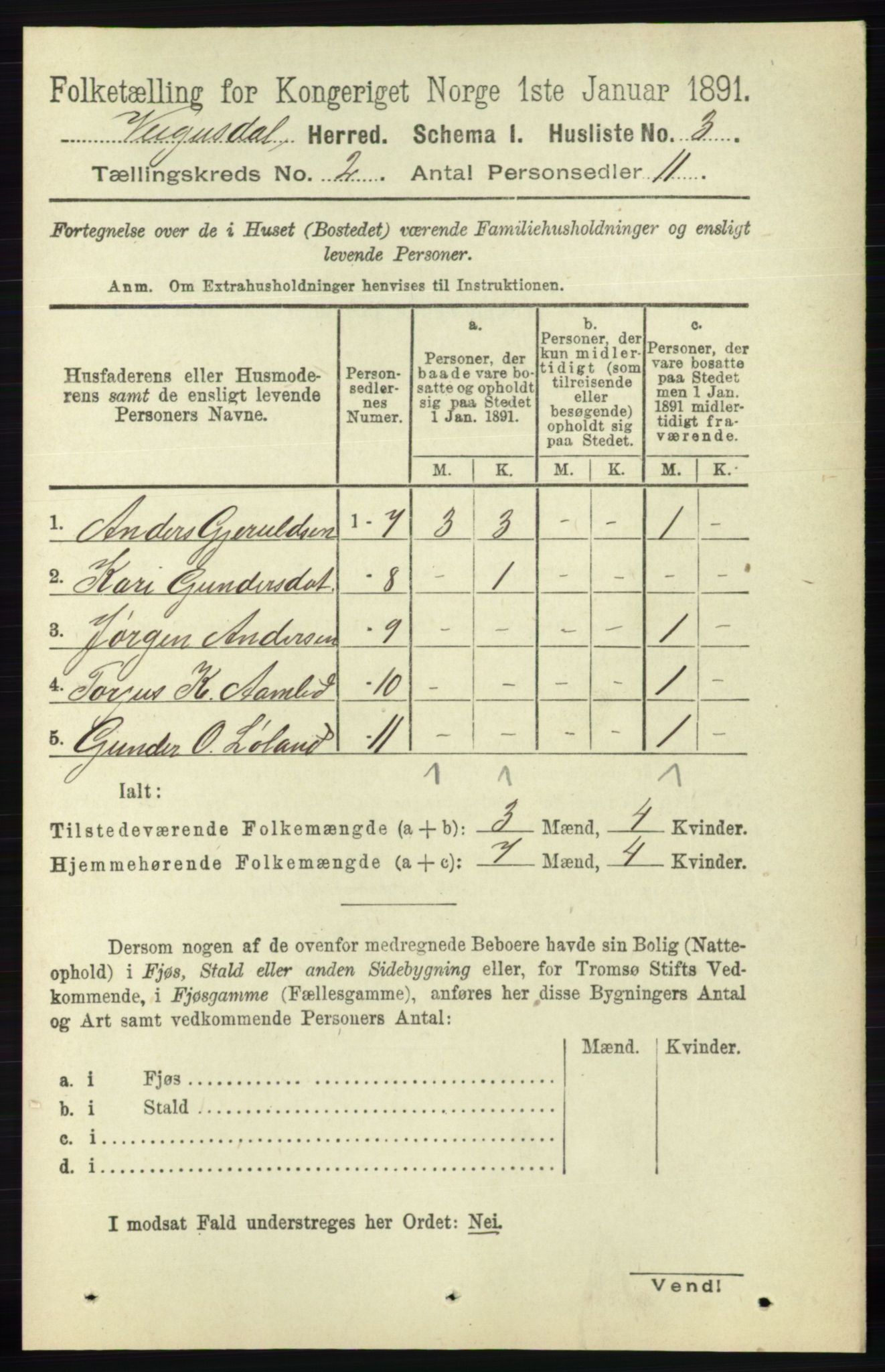 RA, Folketelling 1891 for 0934 Vegusdal herred, 1891, s. 292