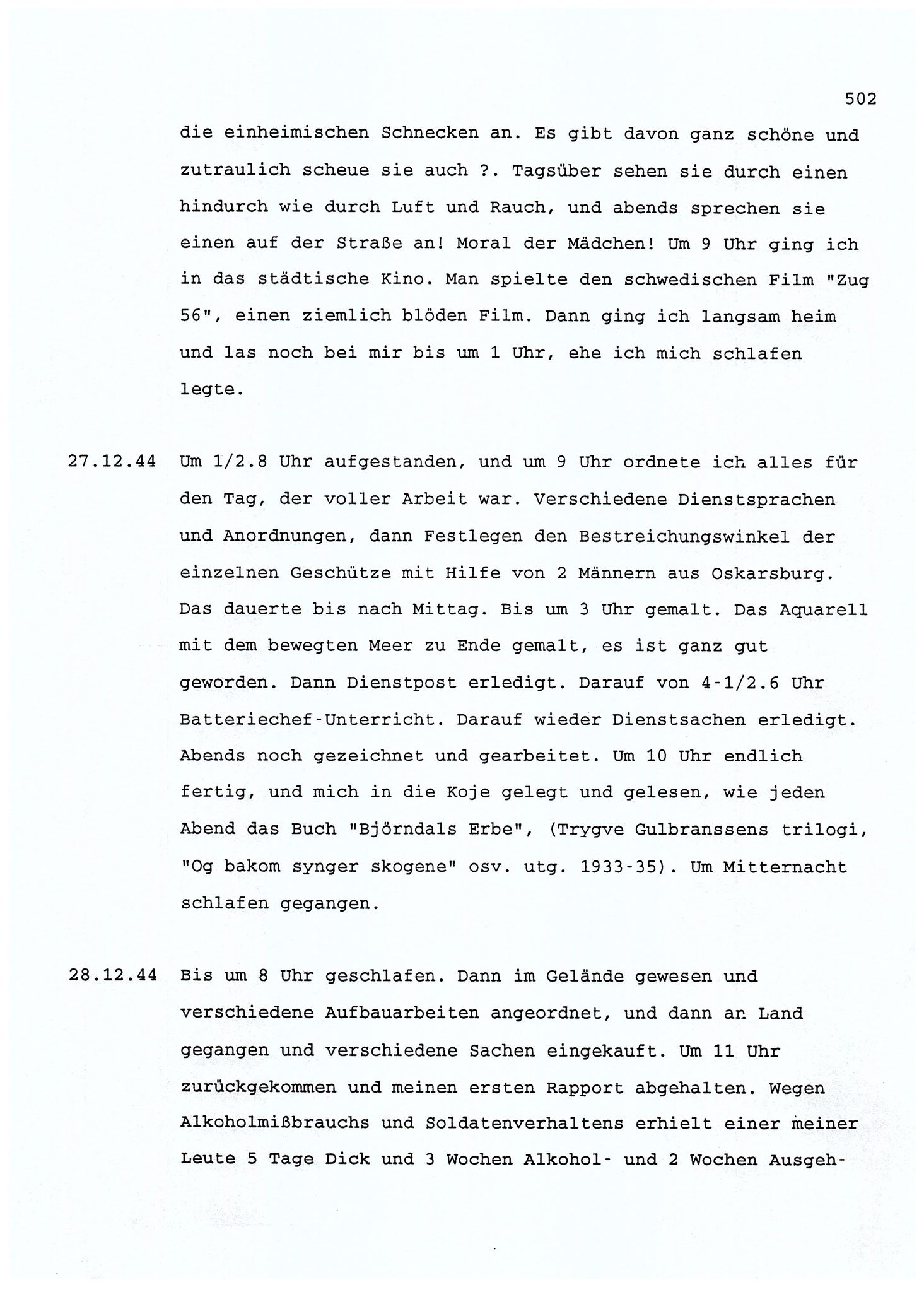 Dagbokopptegnelser av en tysk marineoffiser stasjonert i Norge , FMFB/A-1160/F/L0001: Dagbokopptegnelser av en tysk marineoffiser stasjonert i Norge, 1941-1944, s. 502