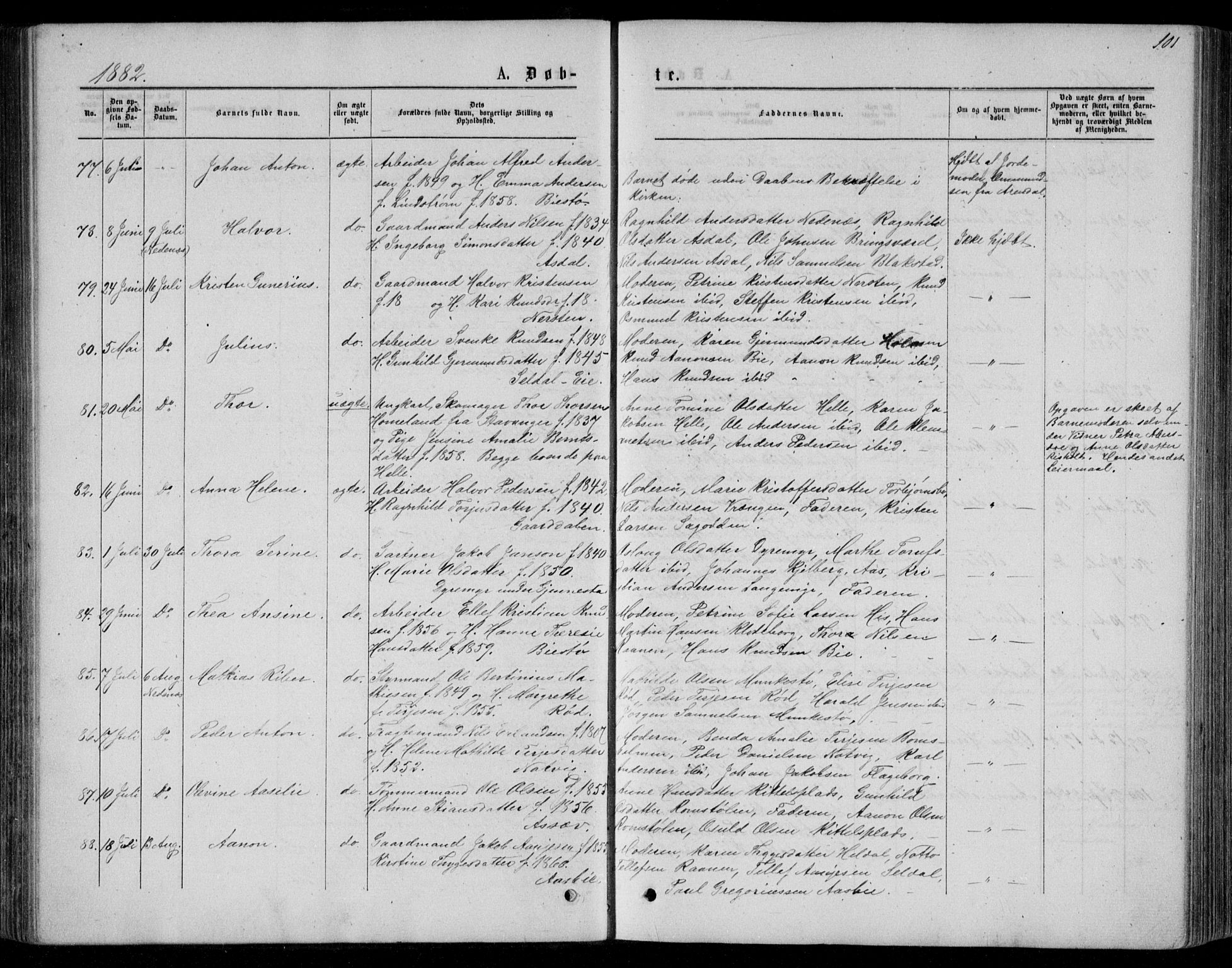 Øyestad sokneprestkontor, AV/SAK-1111-0049/F/Fb/L0008: Klokkerbok nr. B 8, 1872-1886, s. 101