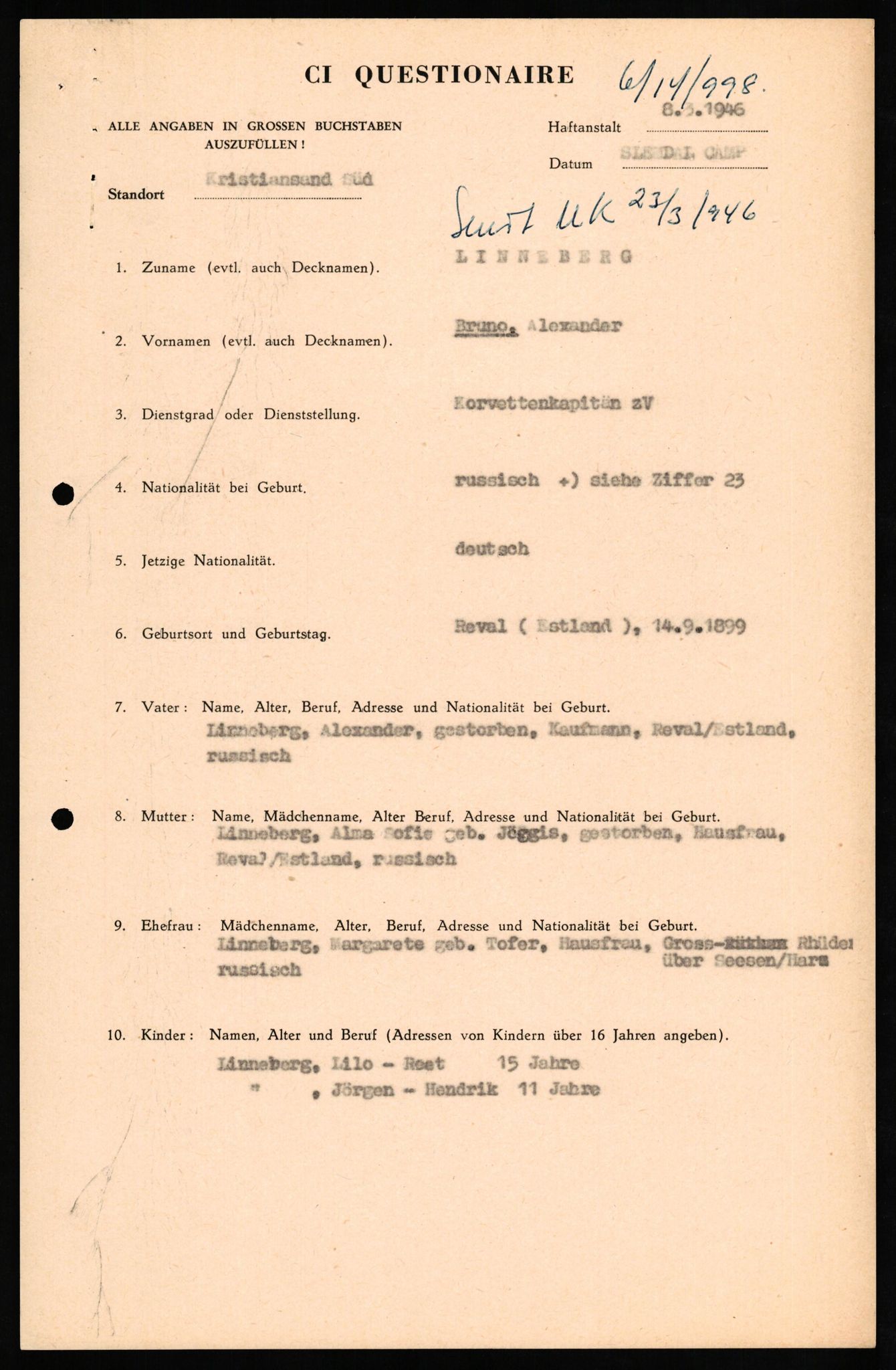 Forsvaret, Forsvarets overkommando II, AV/RA-RAFA-3915/D/Db/L0020: CI Questionaires. Tyske okkupasjonsstyrker i Norge. Tyskere., 1945-1946, s. 227