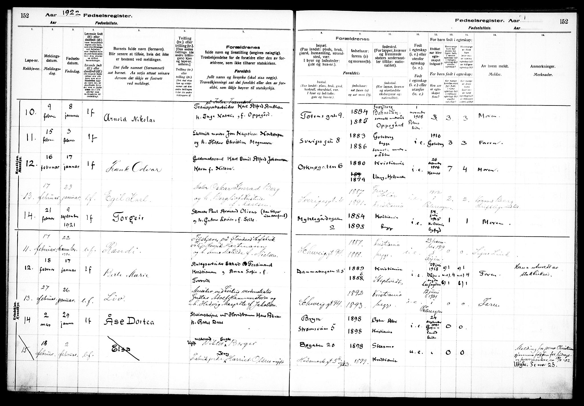 Vålerengen prestekontor Kirkebøker, AV/SAO-A-10878/J/Ja/L0001: Fødselsregister nr. 1, 1916-1924, s. 152