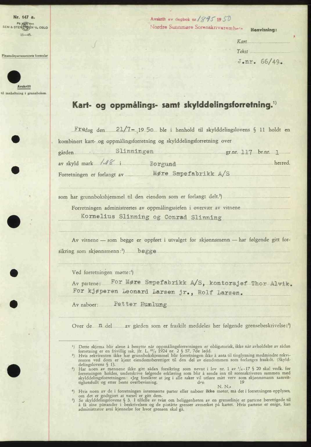 Nordre Sunnmøre sorenskriveri, SAT/A-0006/1/2/2C/2Ca: Pantebok nr. A35, 1950-1950, Dagboknr: 1895/1950