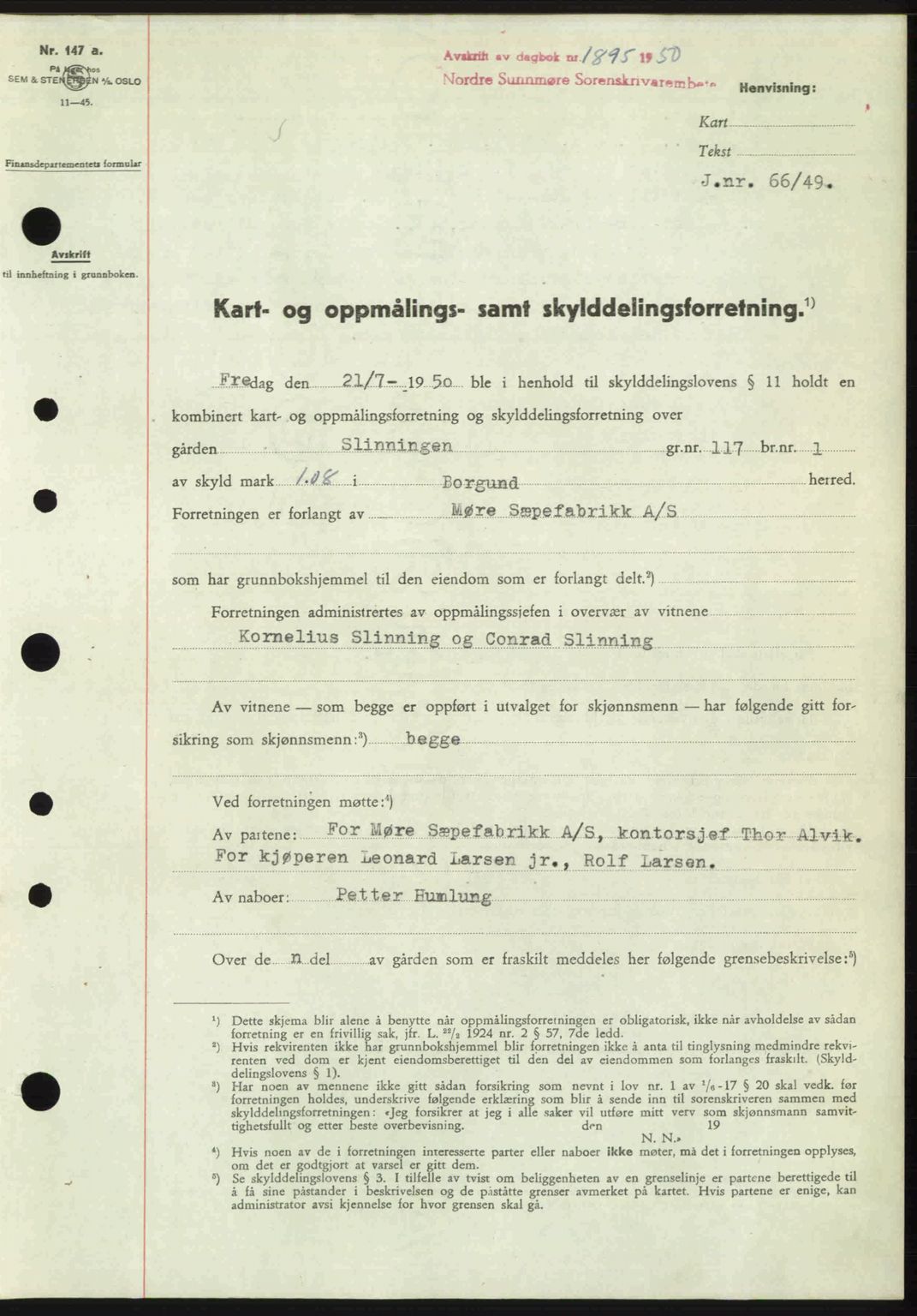 Nordre Sunnmøre sorenskriveri, AV/SAT-A-0006/1/2/2C/2Ca: Pantebok nr. A35, 1950-1950, Dagboknr: 1895/1950