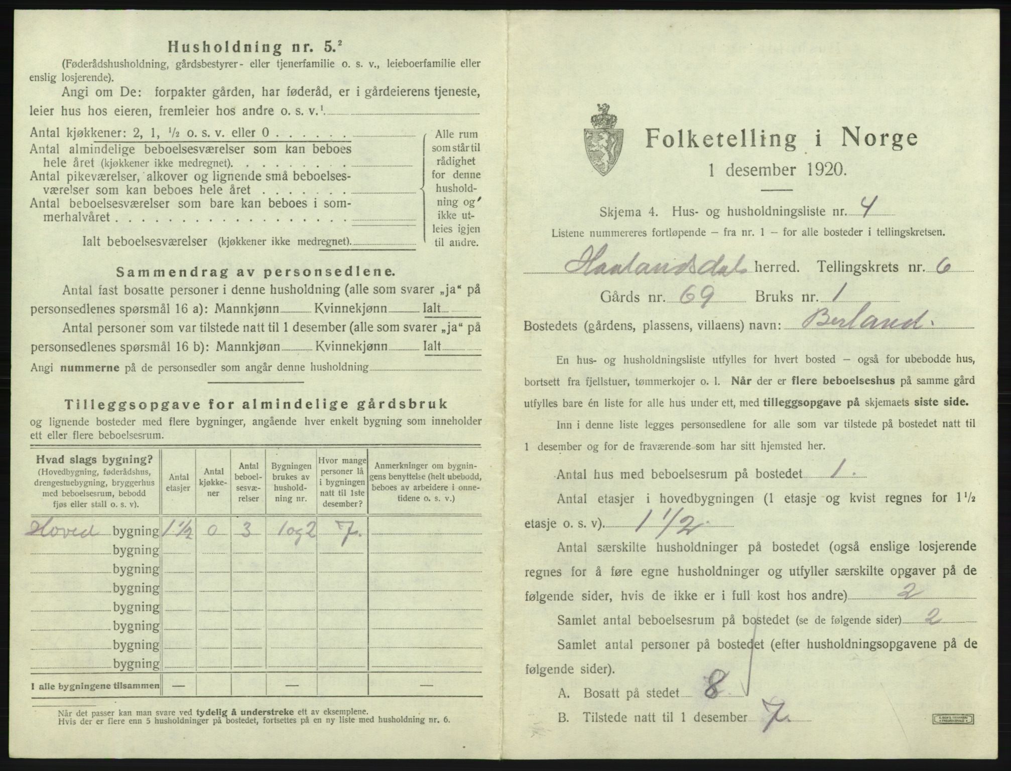 SAB, Folketelling 1920 for 1239 Hålandsdal herred, 1920, s. 196