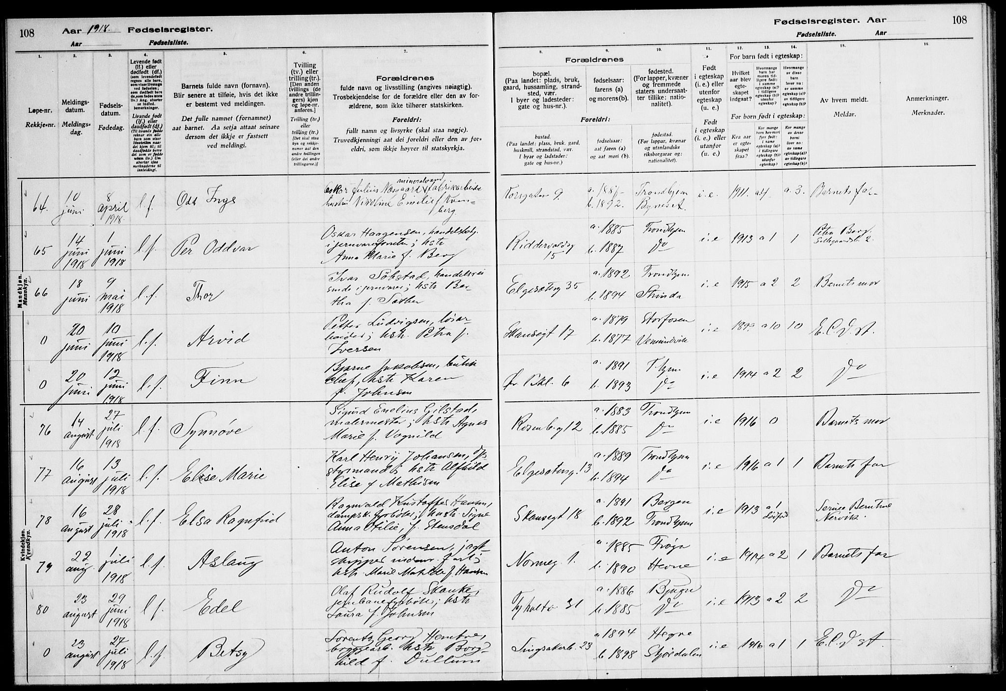 Ministerialprotokoller, klokkerbøker og fødselsregistre - Sør-Trøndelag, AV/SAT-A-1456/604/L0232: Fødselsregister nr. 604.II.4.1, 1916-1920, s. 108