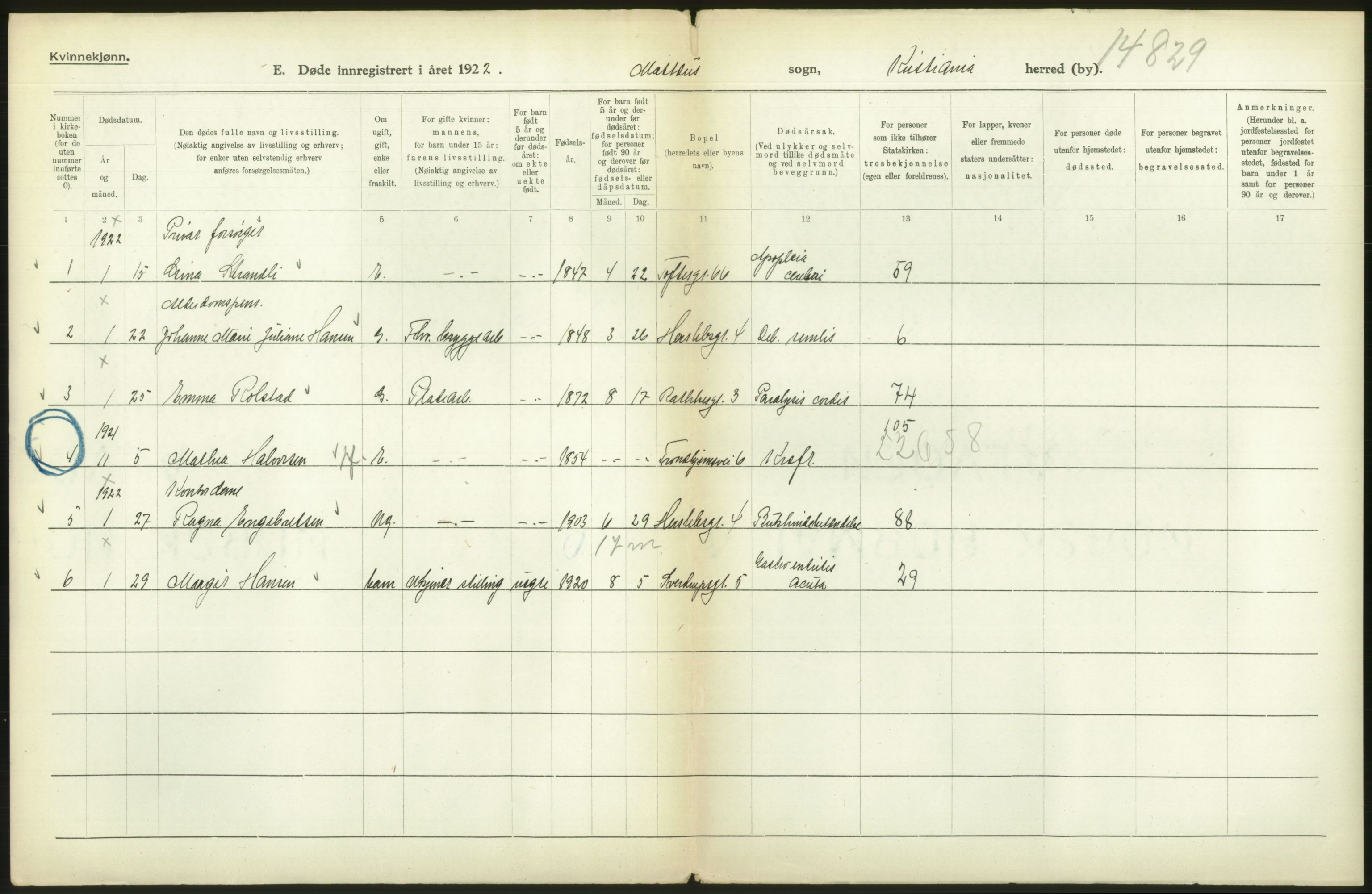 Statistisk sentralbyrå, Sosiodemografiske emner, Befolkning, RA/S-2228/D/Df/Dfc/Dfcb/L0010: Kristiania: Døde, dødfødte, 1922, s. 132