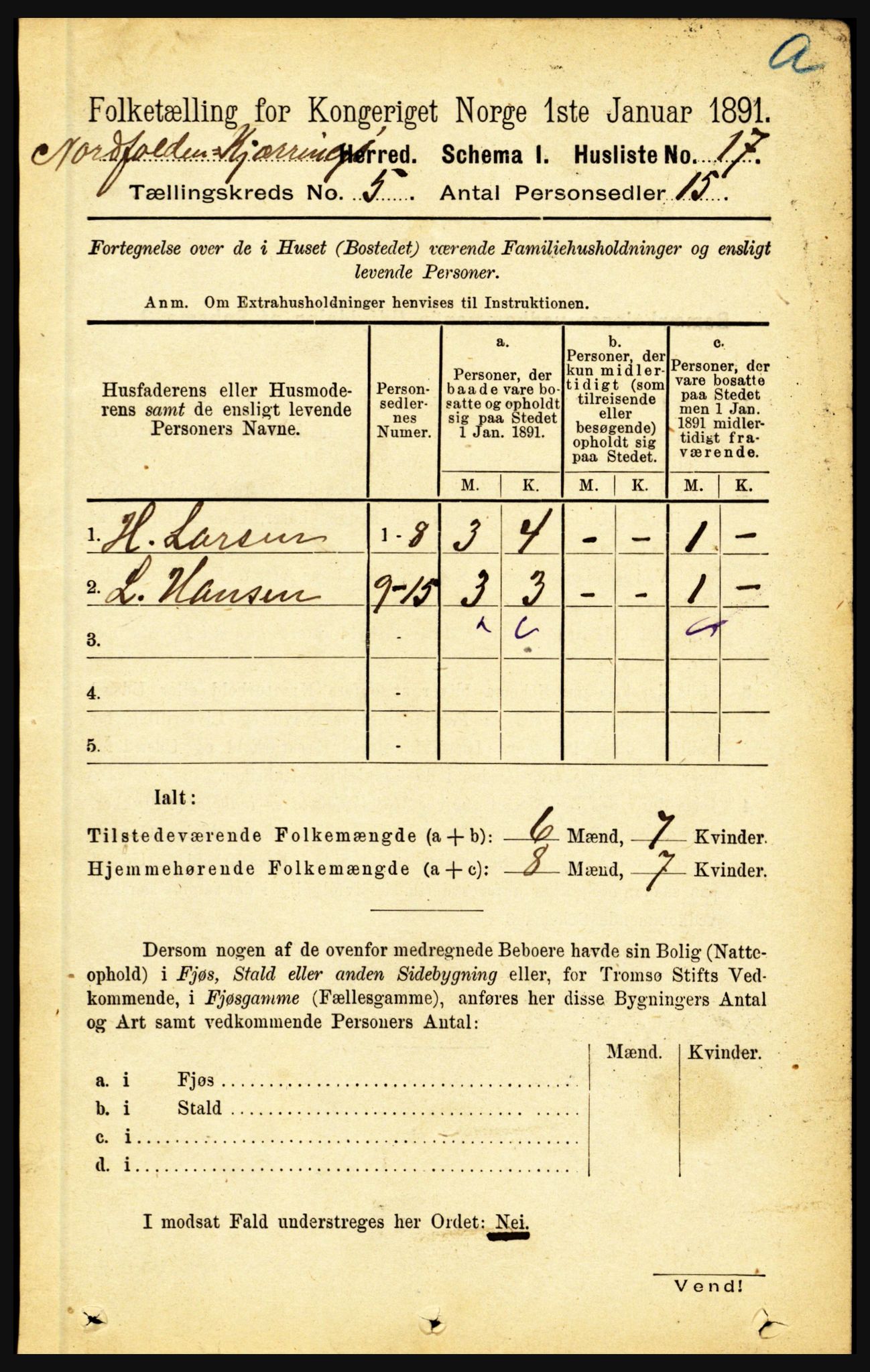 RA, Folketelling 1891 for 1846 Nordfold-Kjerringøy herred, 1891, s. 1143