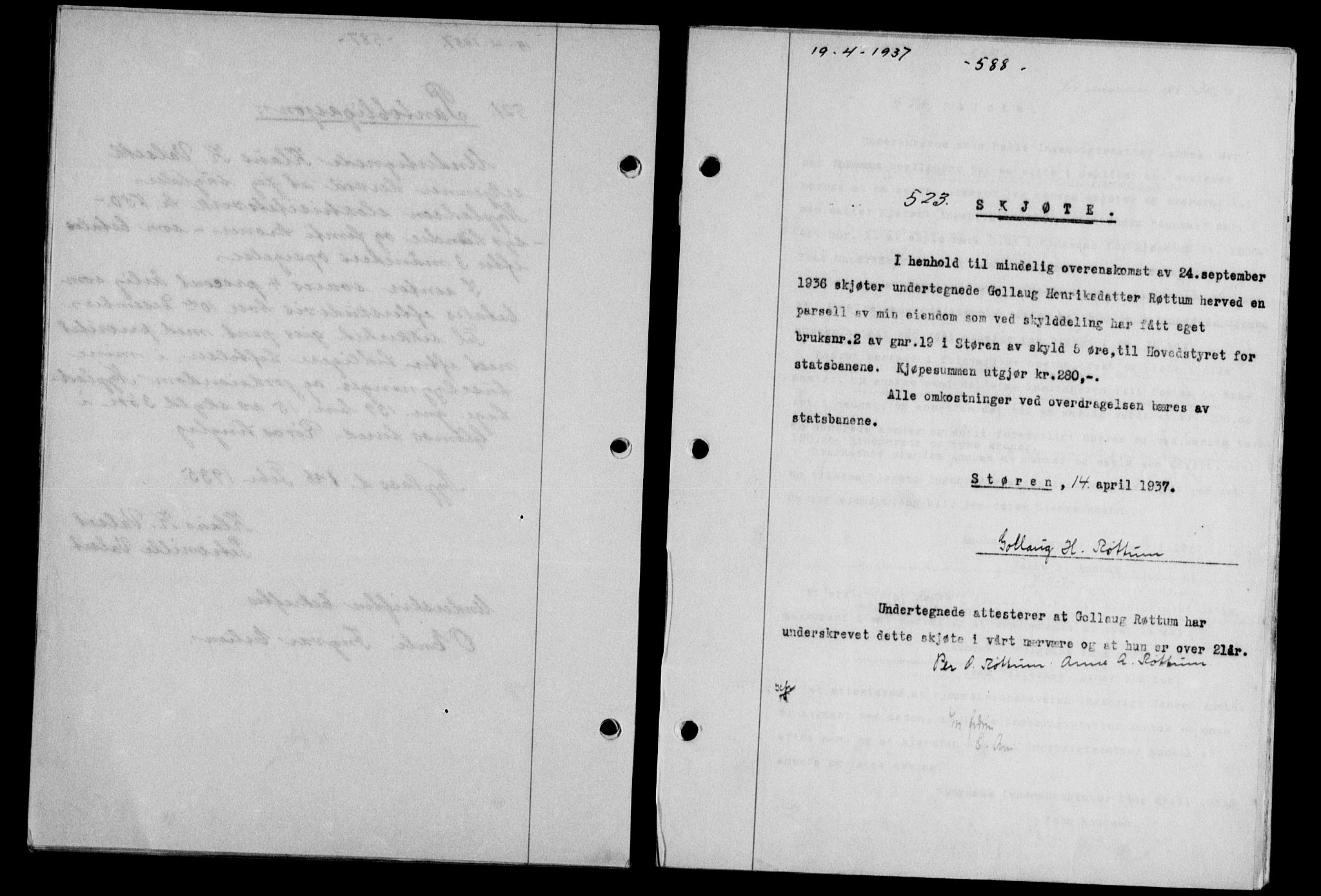 Gauldal sorenskriveri, SAT/A-0014/1/2/2C/L0047: Pantebok nr. 50-51, 1937-1937, Dagboknr: 523/1937