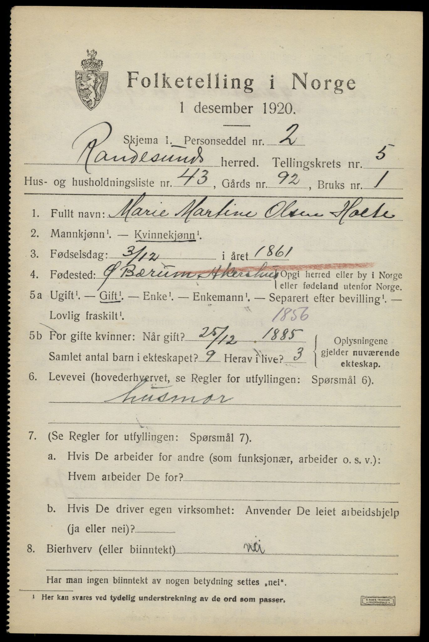 SAK, Folketelling 1920 for 1011 Randesund herred, 1920, s. 2714