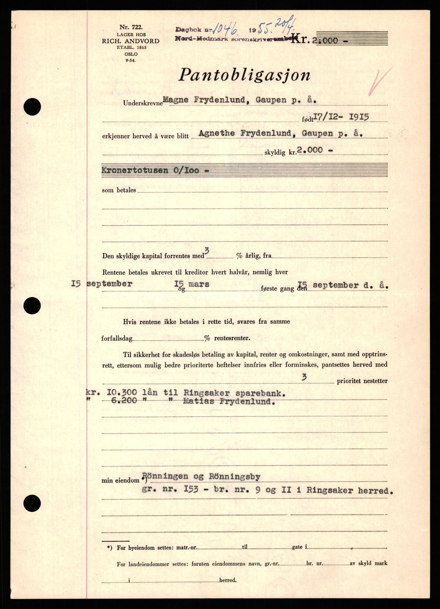 Nord-Hedmark sorenskriveri, SAH/TING-012/H/Hb/Hbf/L0032: Pantebok nr. B32, 1955-1955, Dagboknr: 1046/1952