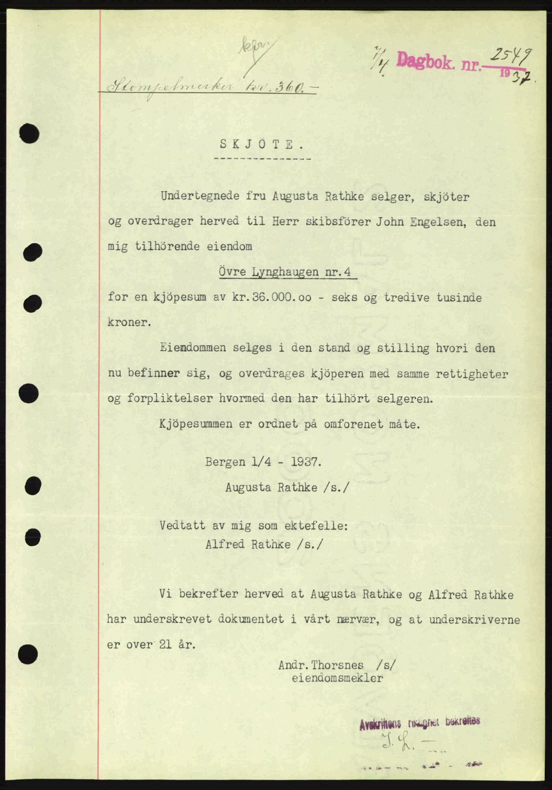 Byfogd og Byskriver i Bergen, SAB/A-3401/03/03Bc/L0004: Pantebok nr. A3-4, 1936-1937, Dagboknr: 2549/1937