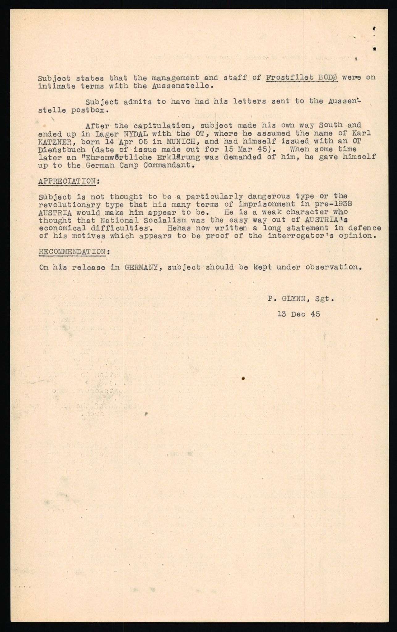 Forsvaret, Forsvarets overkommando II, AV/RA-RAFA-3915/D/Db/L0039: CI Questionaires. Tyske okkupasjonsstyrker i Norge. Østerrikere., 1945-1946, s. 191