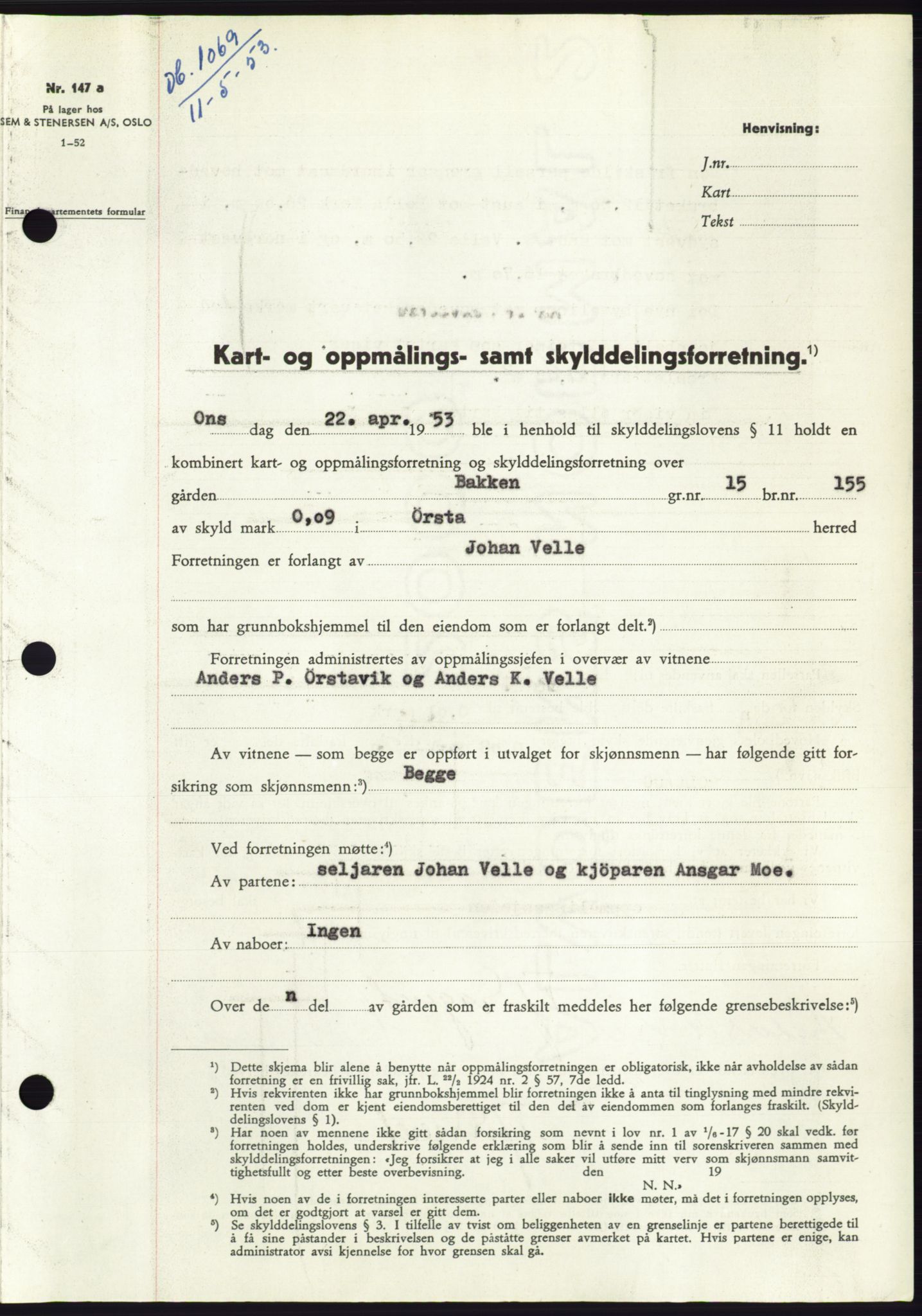 Søre Sunnmøre sorenskriveri, SAT/A-4122/1/2/2C/L0094: Pantebok nr. 20A, 1953-1953, Dagboknr: 1069/1953