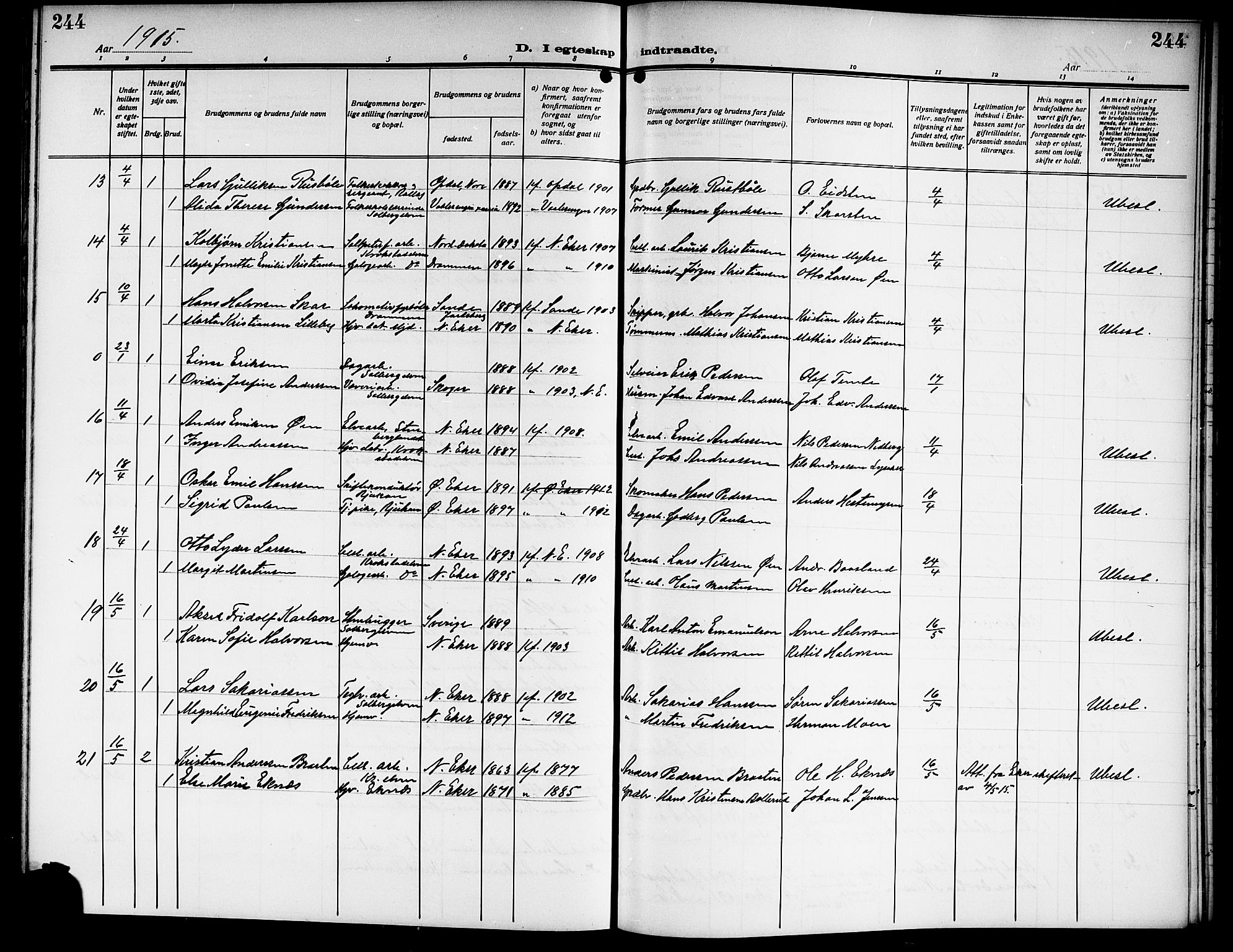 Nedre Eiker kirkebøker, AV/SAKO-A-612/G/Ga/L0005: Klokkerbok nr. 5, 1913-1921, s. 244