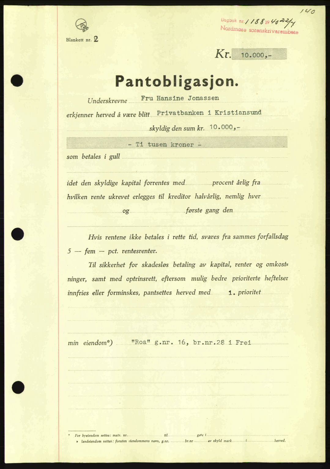 Nordmøre sorenskriveri, AV/SAT-A-4132/1/2/2Ca: Pantebok nr. B87, 1940-1941, Dagboknr: 1188/1940