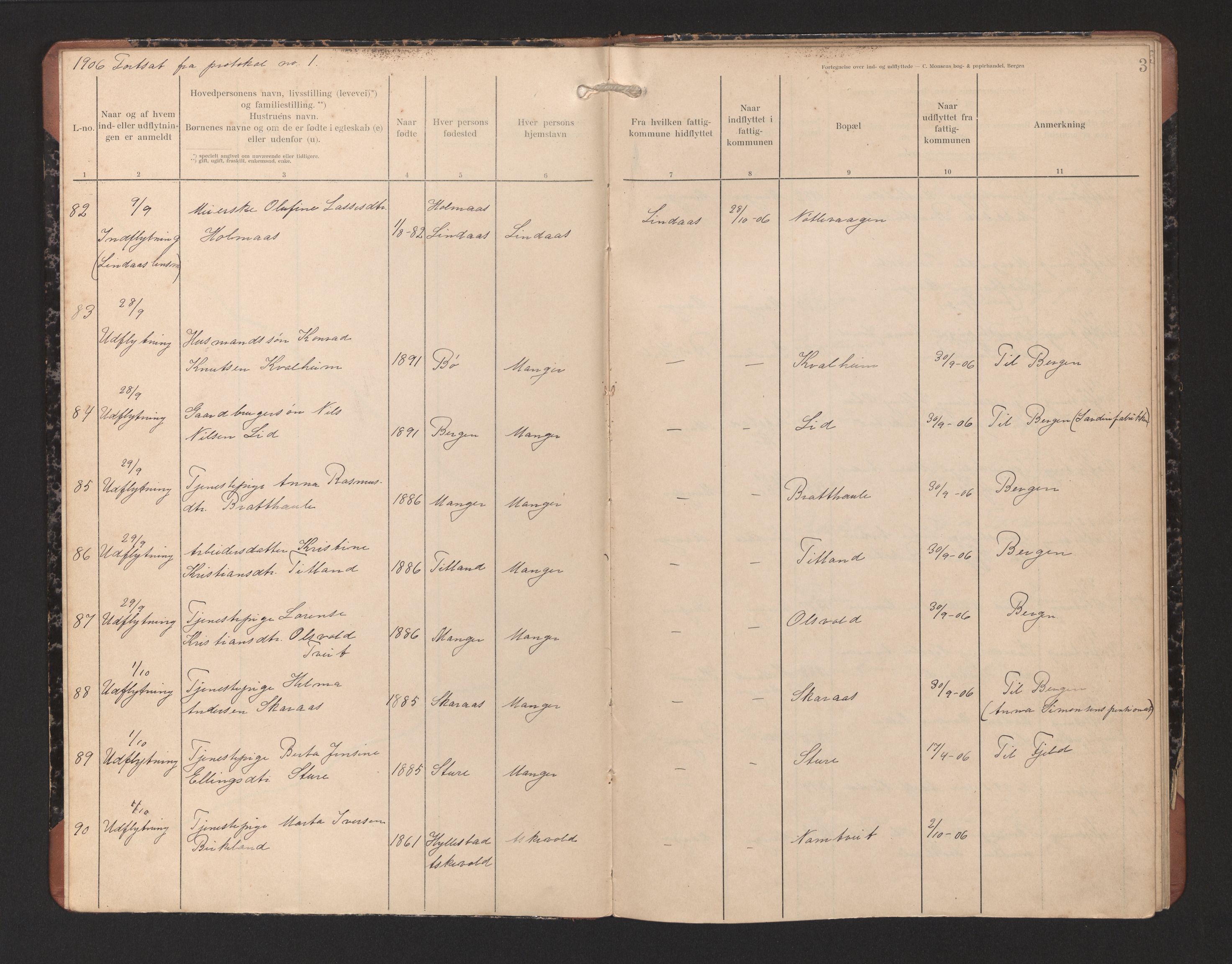 Lensmannen i Manger, SAB/A-33701/0020/L0002: Protokoll over inn- og utflytte, 1906-1911, s. 3