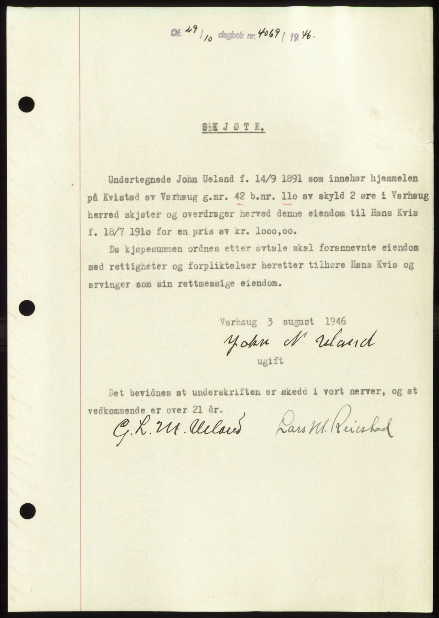 Jæren sorenskriveri, SAST/A-100310/03/G/Gba/L0092: Pantebok, 1946-1946, Dagboknr: 4069/1946