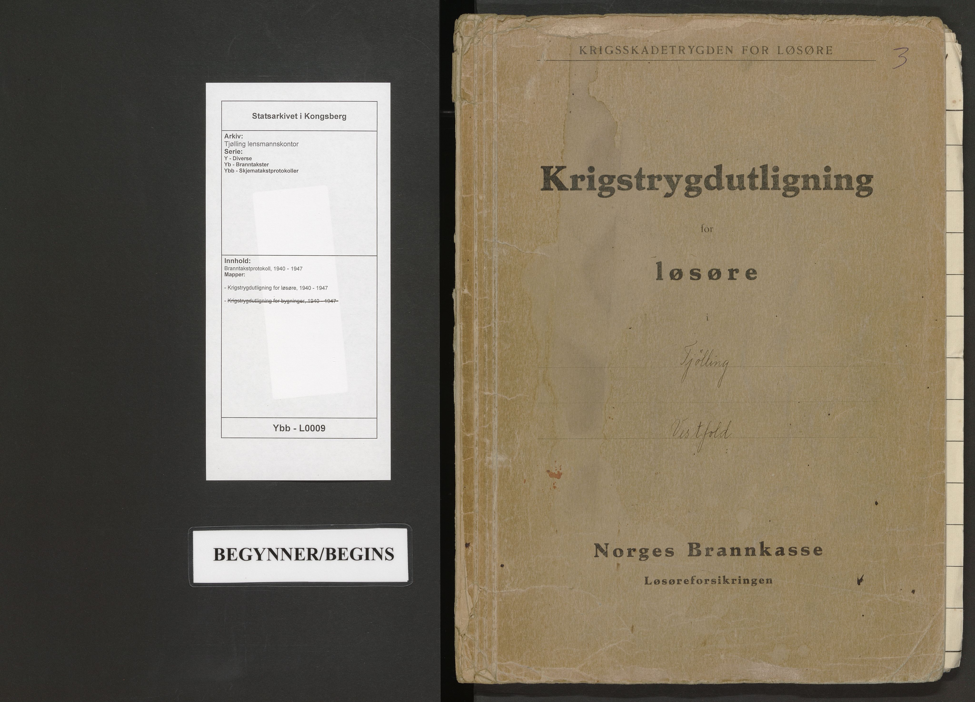 Tjølling lensmannskontor, SAKO/A-16/Y/Yb/Ybb/L0009/0001: Branntakstprotokoll / Krigstrygdutligning for løsøre, 1940-1947
