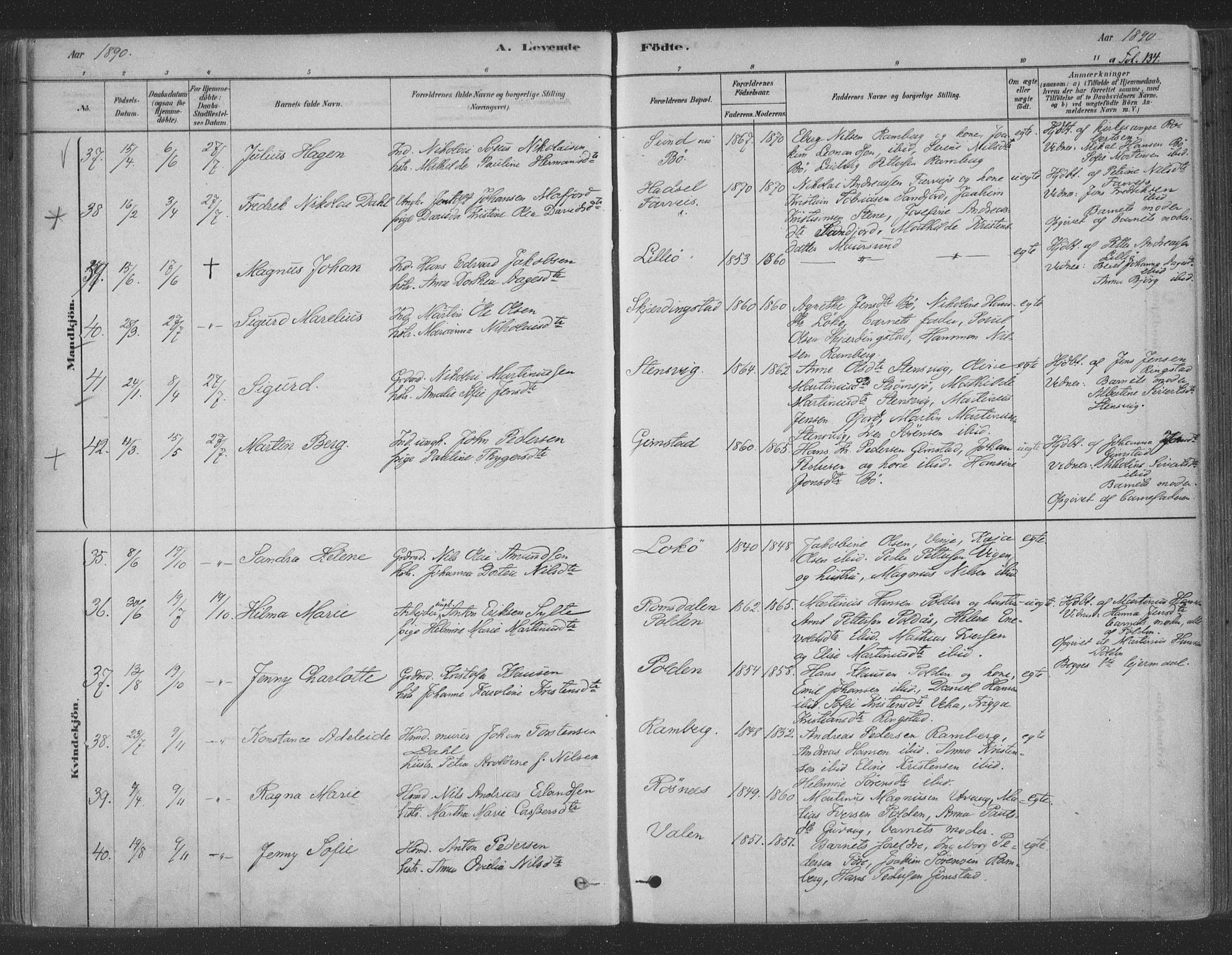 Ministerialprotokoller, klokkerbøker og fødselsregistre - Nordland, AV/SAT-A-1459/891/L1302: Ministerialbok nr. 891A07, 1878-1895, s. 134