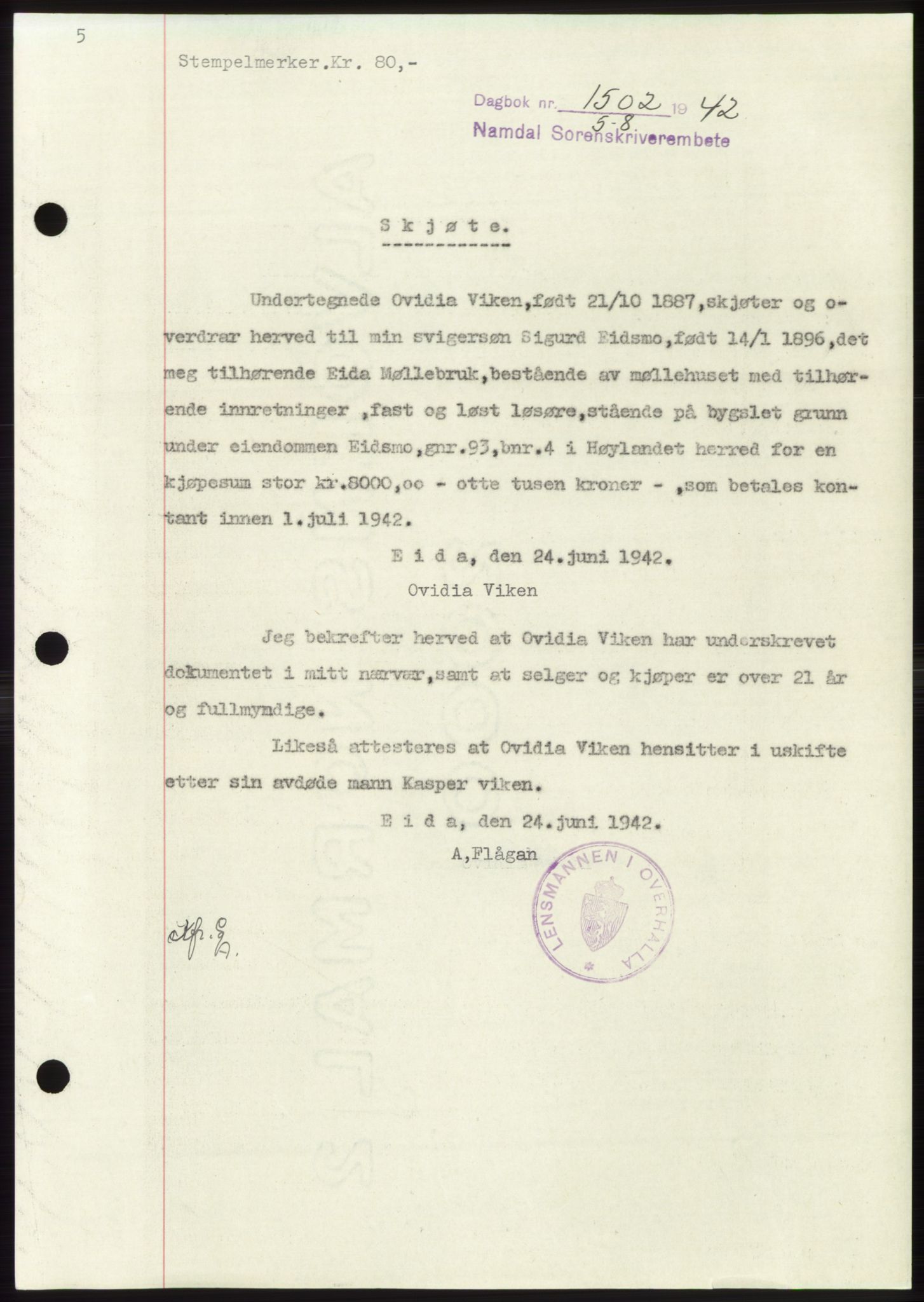 Namdal sorenskriveri, SAT/A-4133/1/2/2C: Pantebok nr. -, 1942-1943, Dagboknr: 1502/1942