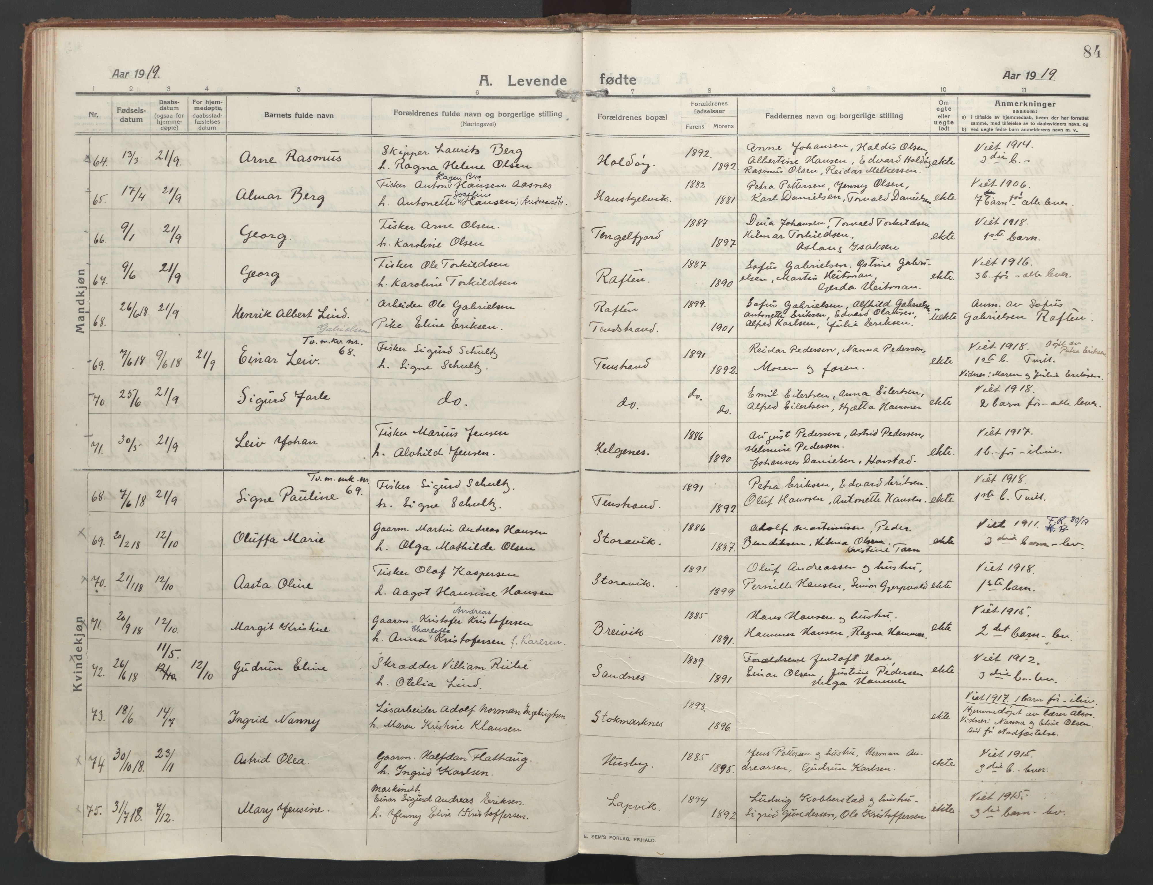 Ministerialprotokoller, klokkerbøker og fødselsregistre - Nordland, AV/SAT-A-1459/888/L1250: Ministerialbok nr. 888A16, 1913-1925, s. 84