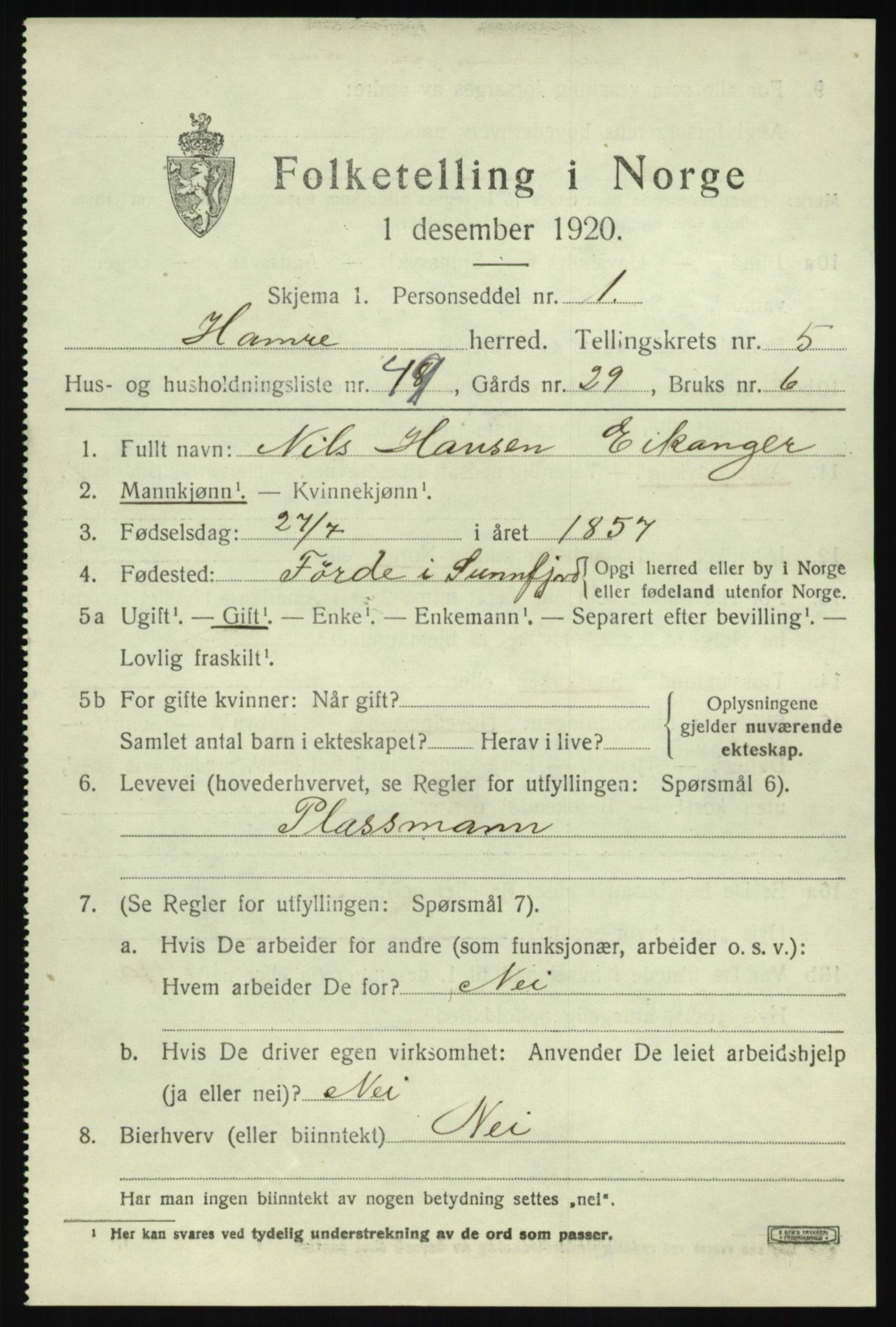 SAB, Folketelling 1920 for 1254 Hamre herred, 1920, s. 3441