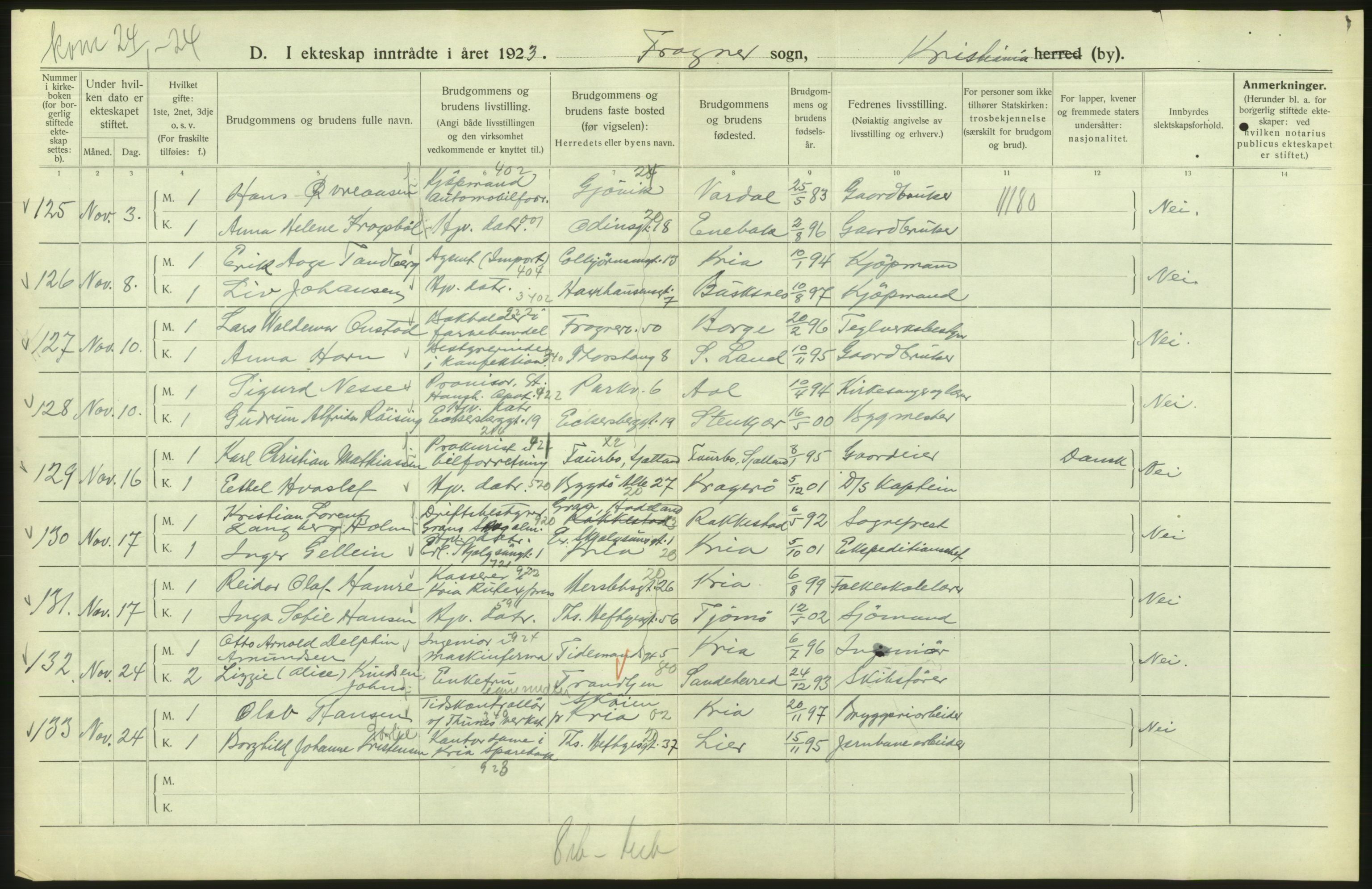 Statistisk sentralbyrå, Sosiodemografiske emner, Befolkning, AV/RA-S-2228/D/Df/Dfc/Dfcc/L0008: Kristiania: Gifte, 1923, s. 326