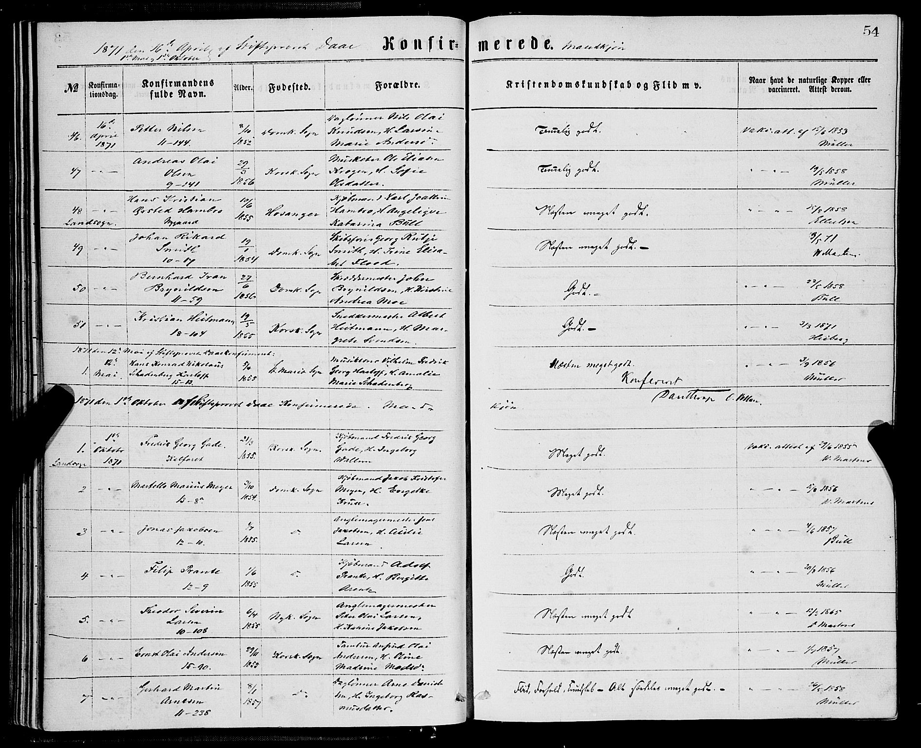 Domkirken sokneprestembete, AV/SAB-A-74801/H/Haa/L0029: Ministerialbok nr. C 4, 1864-1879, s. 54