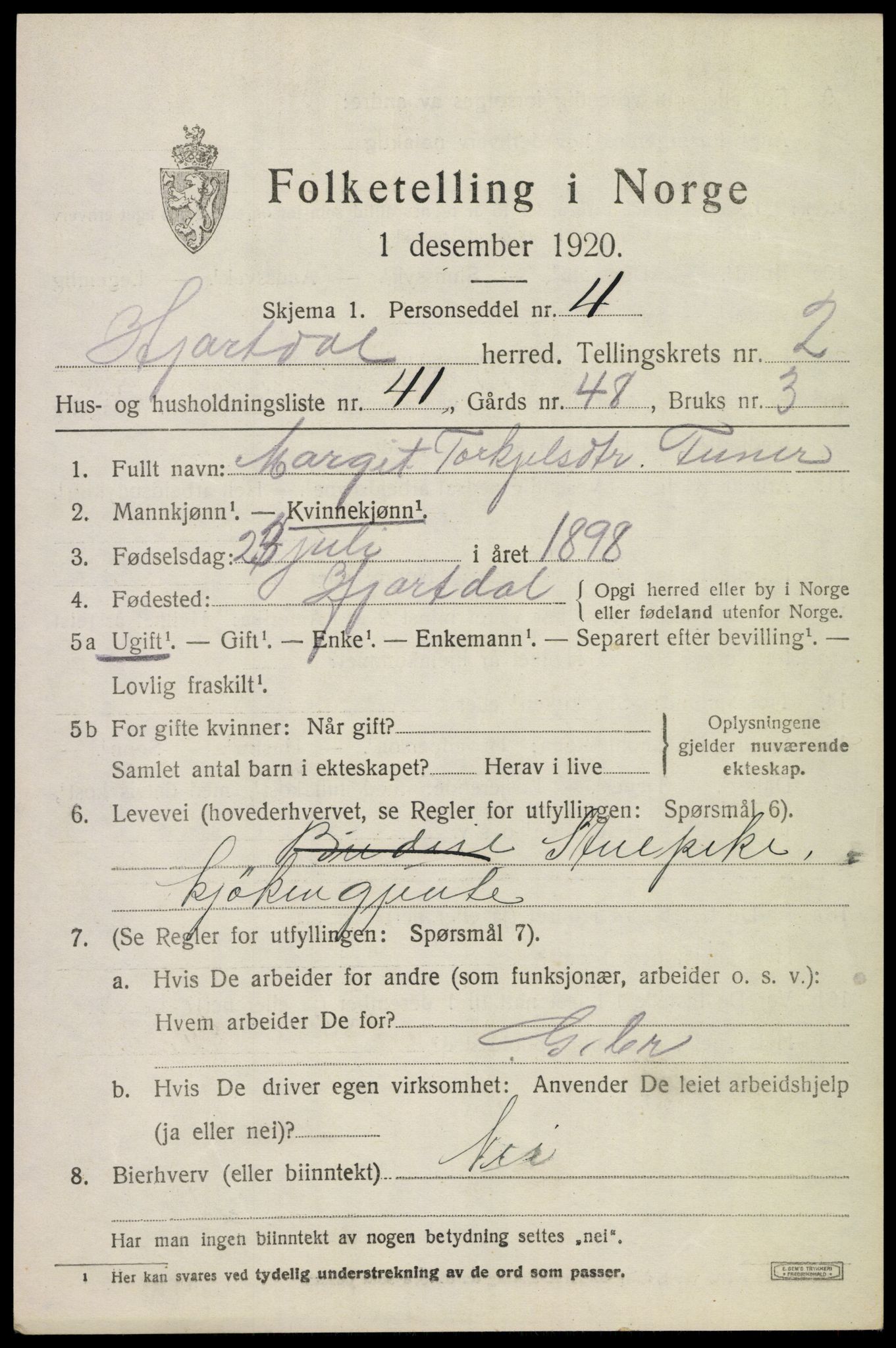 SAKO, Folketelling 1920 for 0827 Hjartdal herred, 1920, s. 2258