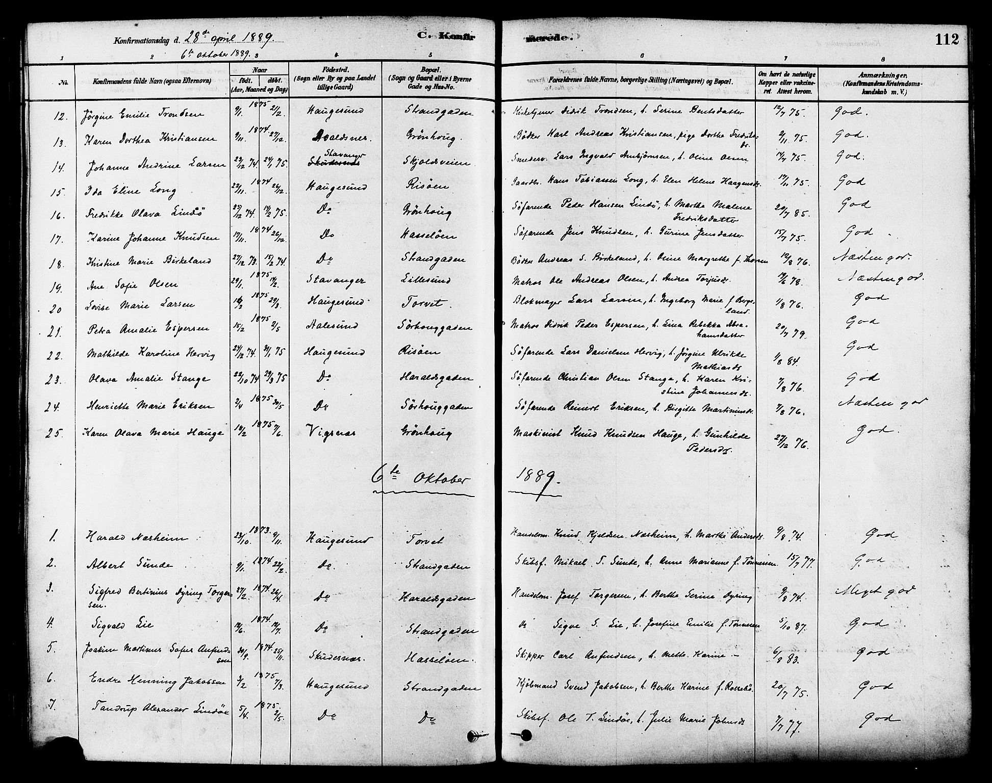 Haugesund sokneprestkontor, AV/SAST-A -101863/H/Ha/Haa/L0003: Ministerialbok nr. A 3, 1885-1890, s. 112