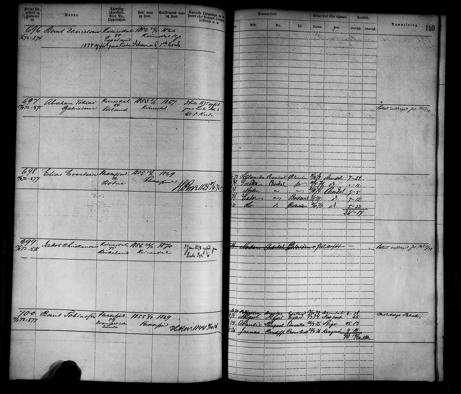 Flekkefjord mønstringskrets, AV/SAK-2031-0018/F/Fa/L0002: Annotasjonsrulle nr 1-1920 med register, N-2, 1870-1891, s. 164