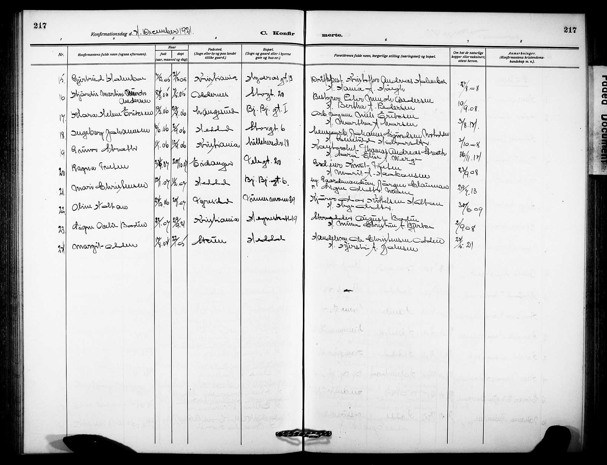 Notodden kirkebøker, AV/SAKO-A-290/G/Ga/L0001: Klokkerbok nr. 1, 1912-1923, s. 217
