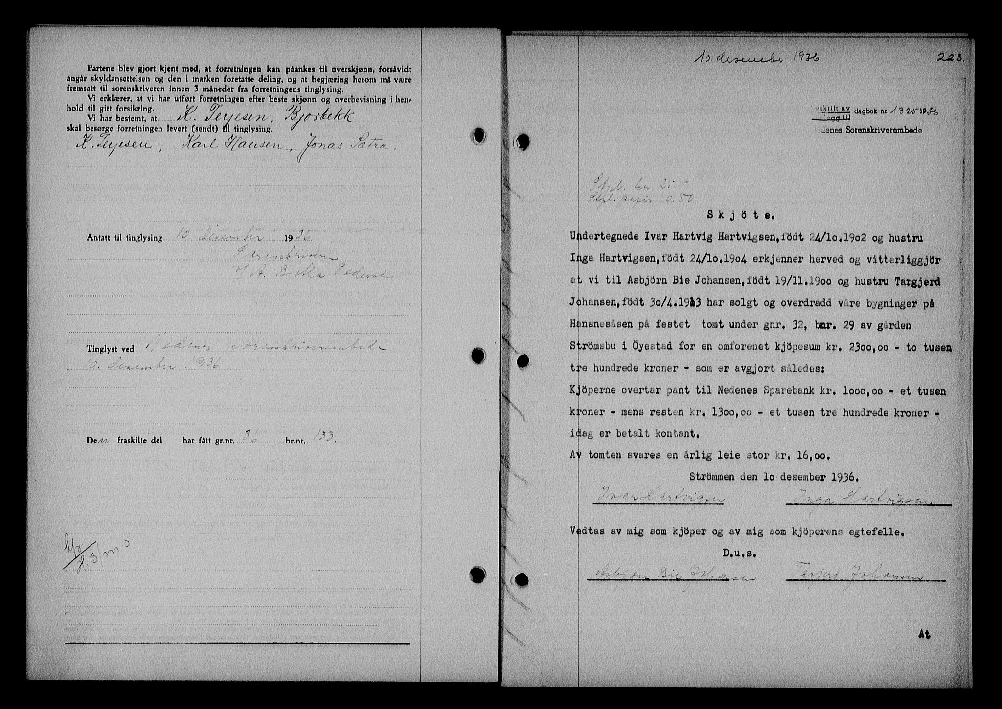 Nedenes sorenskriveri, AV/SAK-1221-0006/G/Gb/Gba/L0043: Pantebok nr. 39, 1936-1937, Dagboknr: 1325/1936