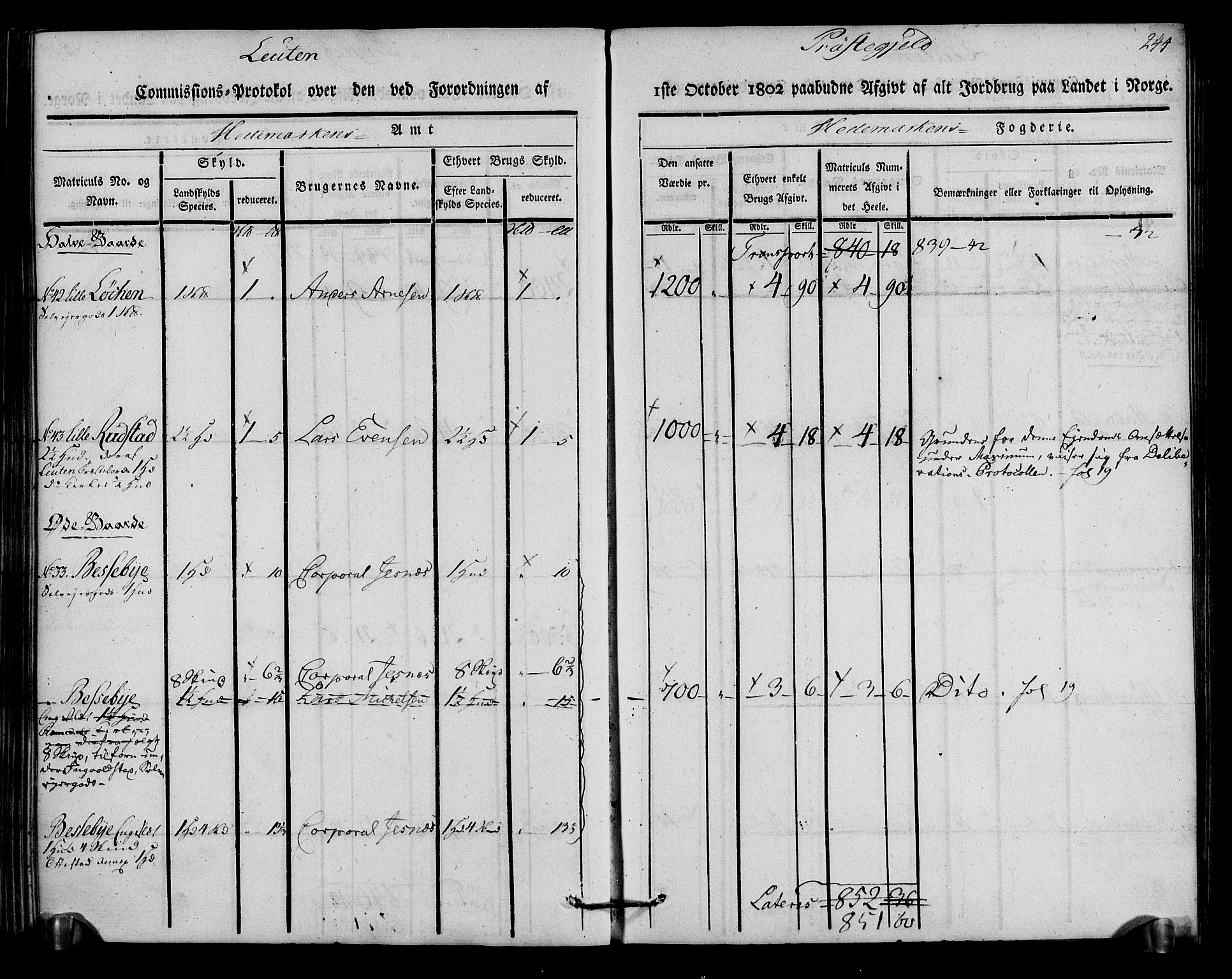 Rentekammeret inntil 1814, Realistisk ordnet avdeling, AV/RA-EA-4070/N/Ne/Nea/L0033: Hedmark fogderi. Kommisjonsprotokoll, 1803, s. 246