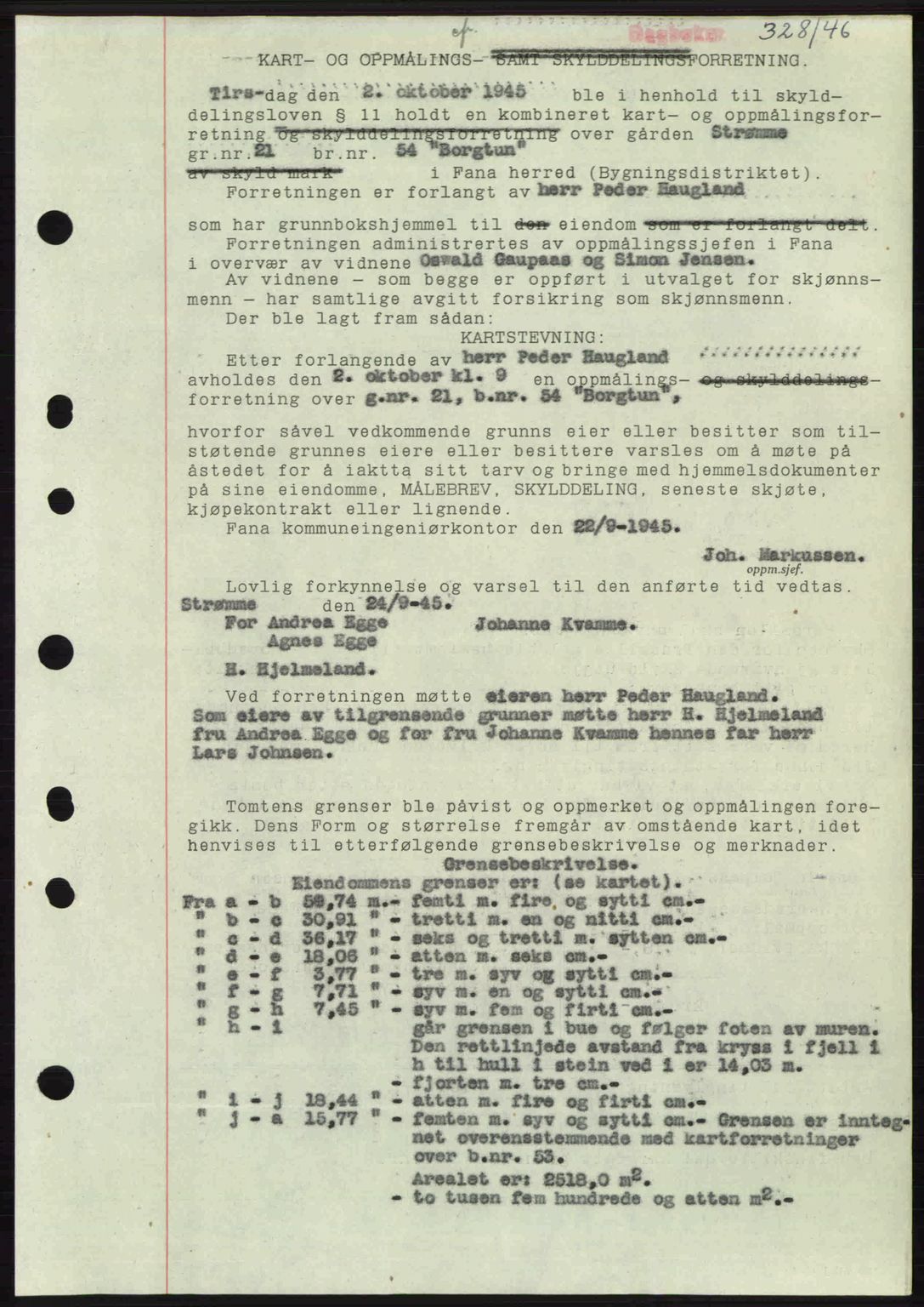 Midhordland sorenskriveri, SAB/A-3001/1/G/Gb/Gbj/L0022: Pantebok nr. A41-43, 1946-1946, Dagboknr: 328/1946