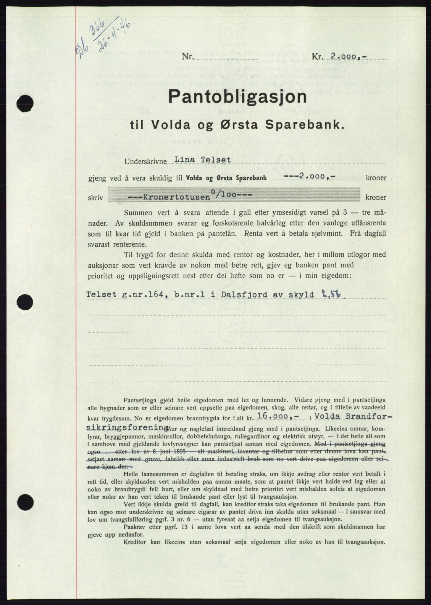 Søre Sunnmøre sorenskriveri, AV/SAT-A-4122/1/2/2C/L0114: Pantebok nr. 1-2B, 1943-1947, Dagboknr: 366/1946