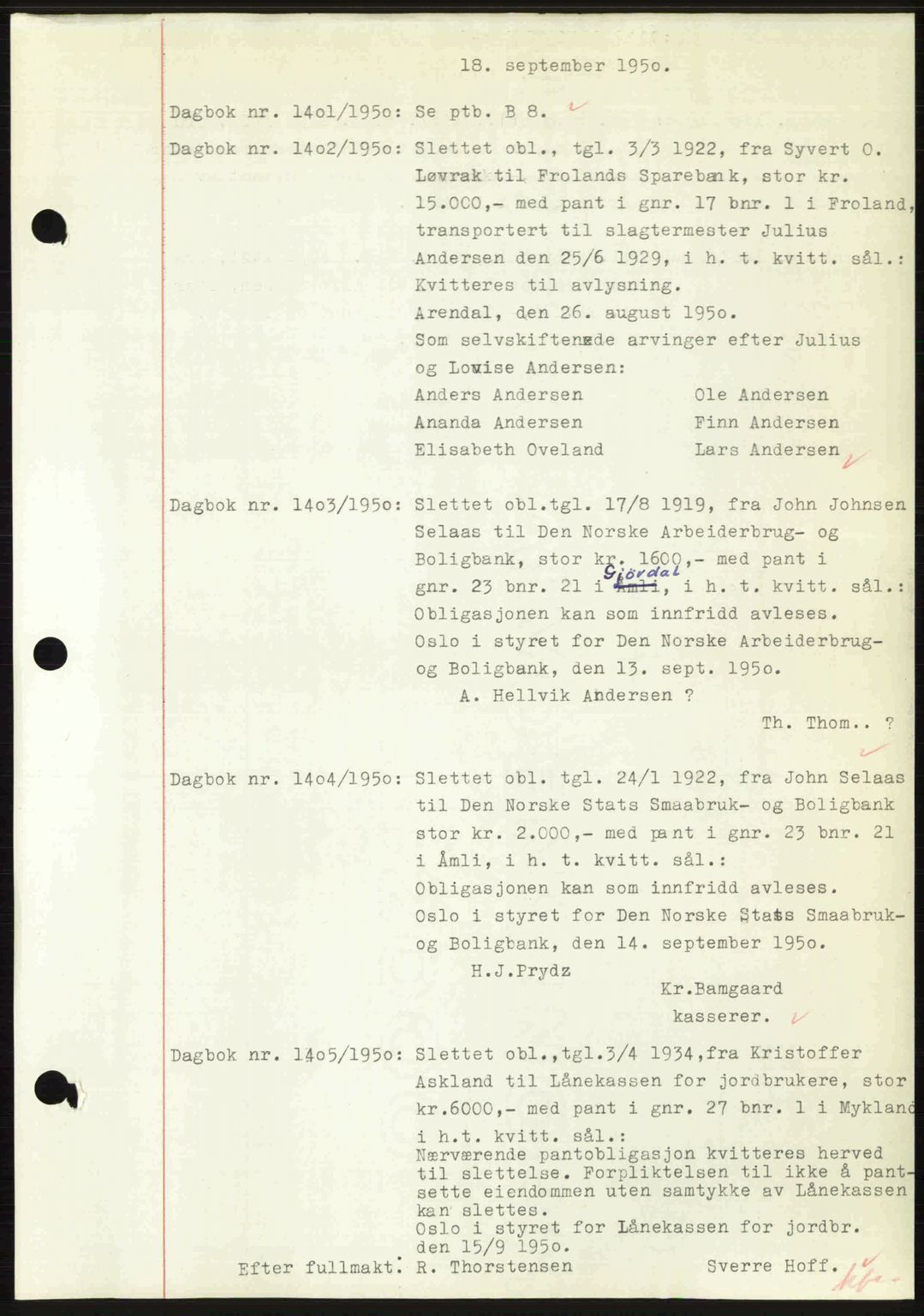 Nedenes sorenskriveri, SAK/1221-0006/G/Gb/Gba/L0063: Pantebok nr. A15, 1950-1950, Dagboknr: 1401/1950