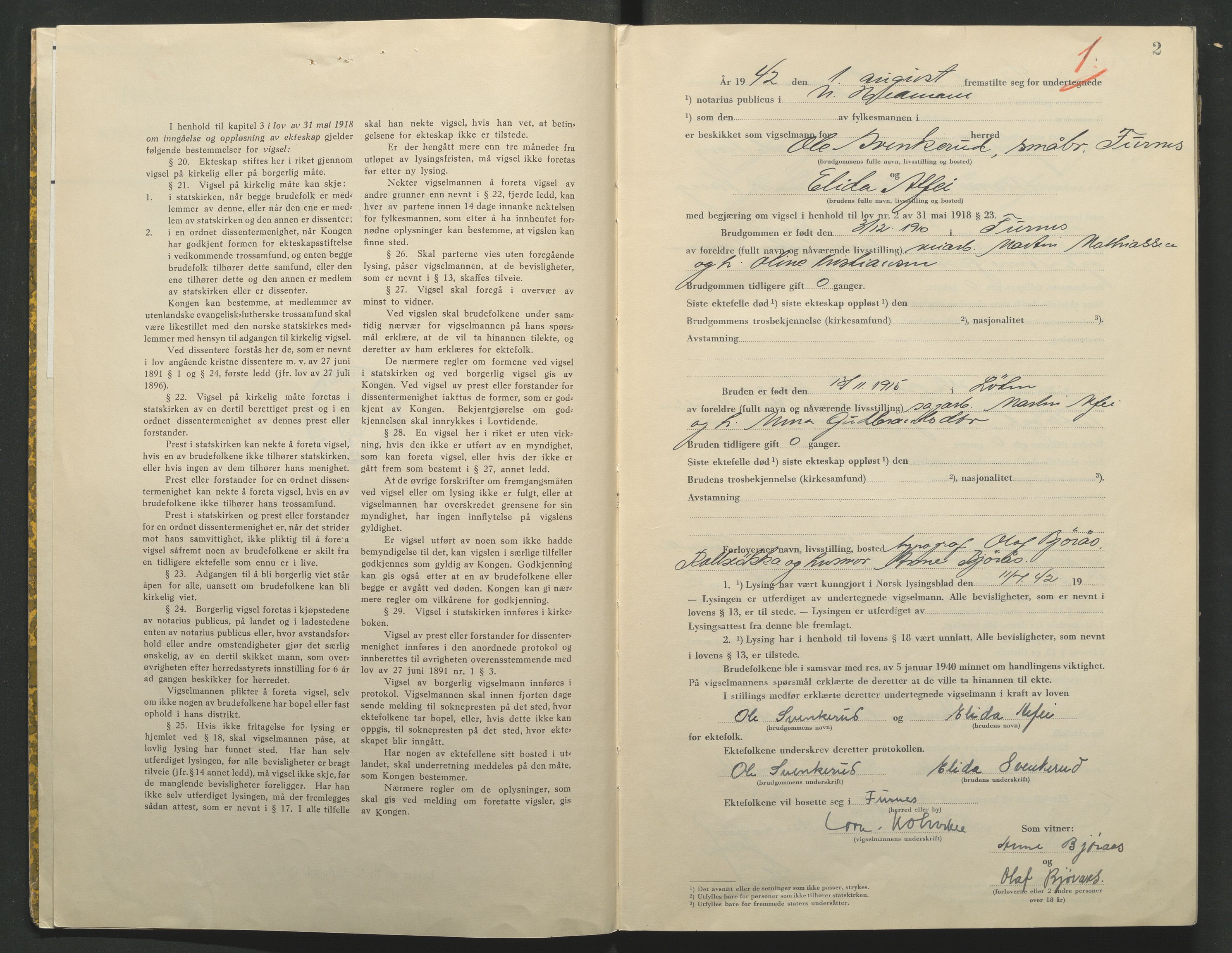 Nord-Hedmark sorenskriveri, AV/SAH-TING-012/L/Lc/L0001/0002: Vigselsprotokoller / Vigselsprotokoll, 1942-1943, s. 2