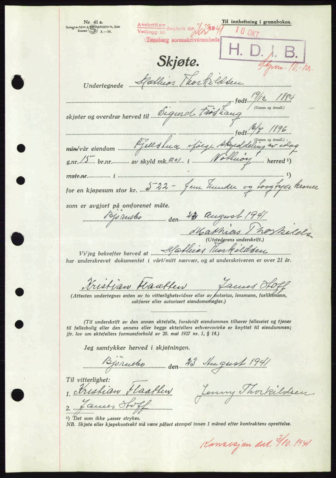 Tønsberg sorenskriveri, AV/SAKO-A-130/G/Ga/Gaa/L0010: Pantebok nr. A10, 1941-1941, Dagboknr: 2623/1941