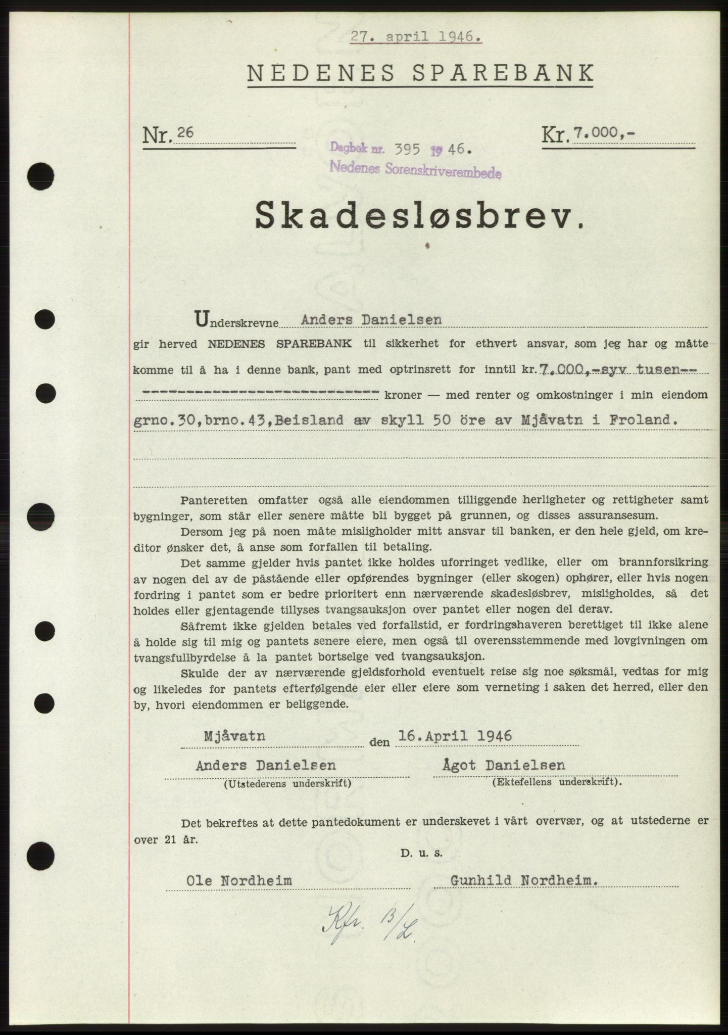 Nedenes sorenskriveri, SAK/1221-0006/G/Gb/Gbb/L0003: Pantebok nr. B3b, 1946-1946, Dagboknr: 395/1946