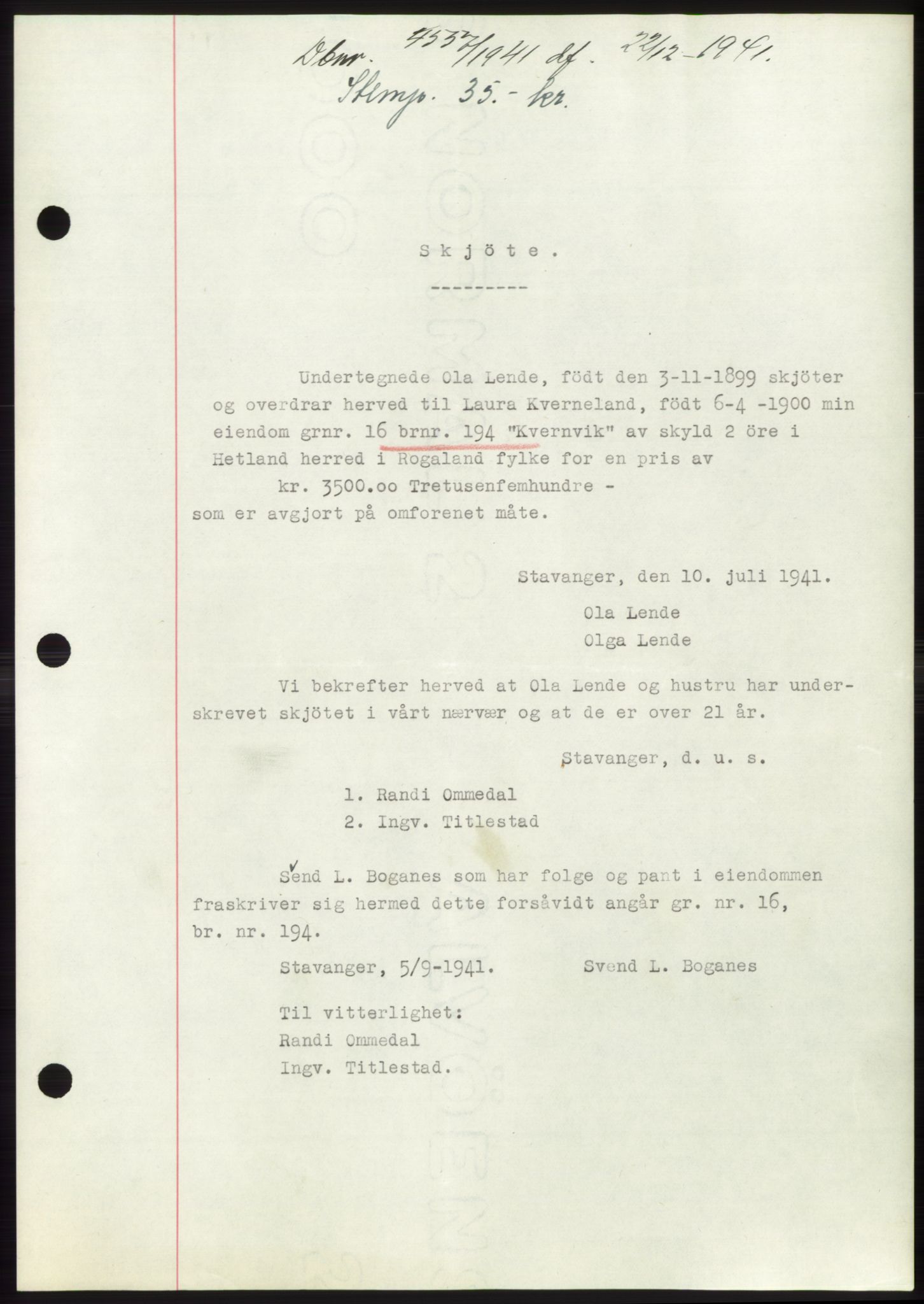 Jæren sorenskriveri, SAST/A-100310/03/G/Gba/L0081: Pantebok, 1941-1941, Dagboknr: 4537/1941