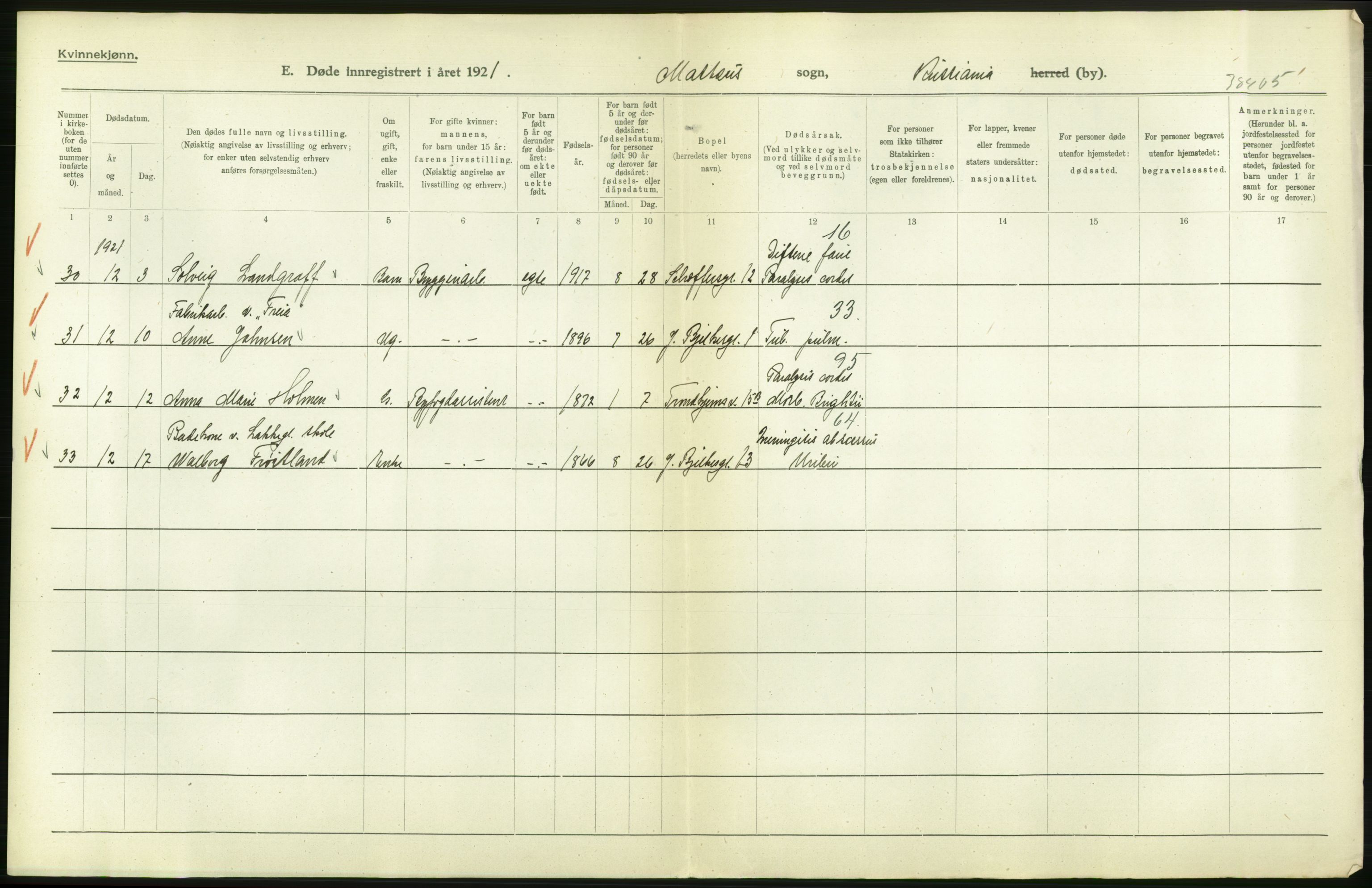 Statistisk sentralbyrå, Sosiodemografiske emner, Befolkning, AV/RA-S-2228/D/Df/Dfc/Dfca/L0013: Kristiania: Døde, dødfødte, 1921, s. 552