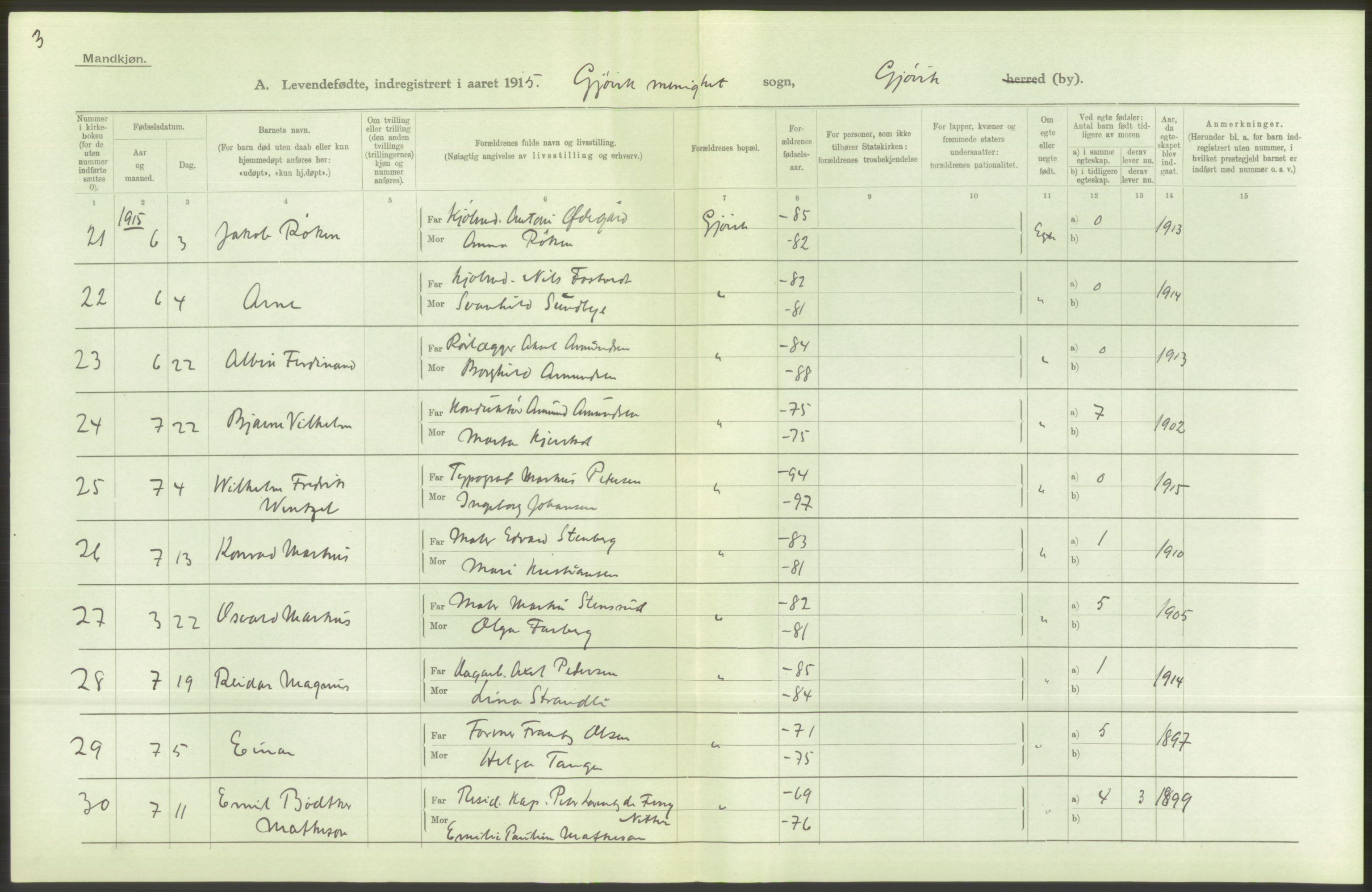Statistisk sentralbyrå, Sosiodemografiske emner, Befolkning, AV/RA-S-2228/D/Df/Dfb/Dfbe/L0013: Kristians amt: Levendefødte menn og kvinner. Bygder og byer., 1915, s. 30