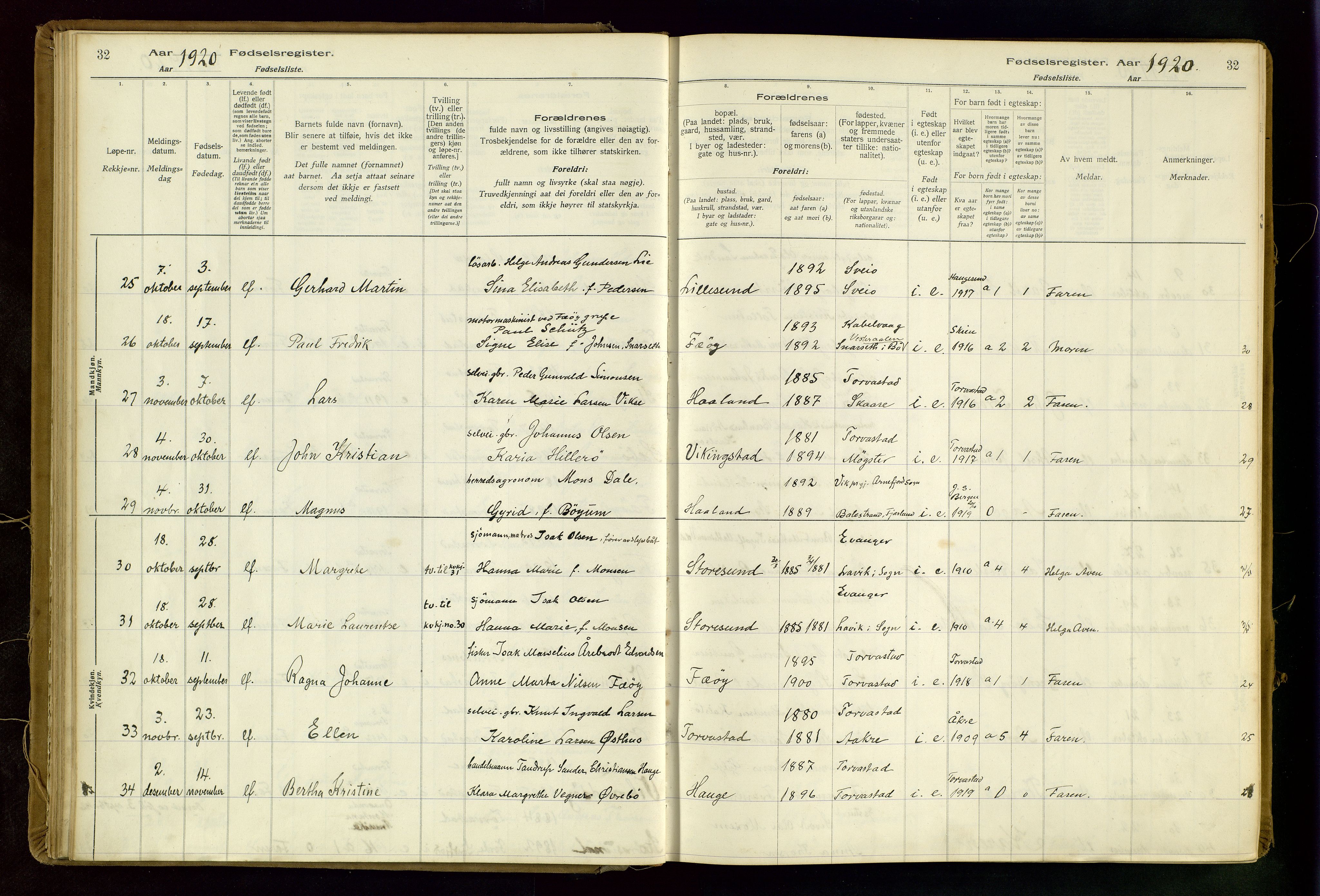 Torvastad sokneprestkontor, AV/SAST-A -101857/I/Id/L0002: Fødselsregister nr. 2, 1916-1950, s. 32