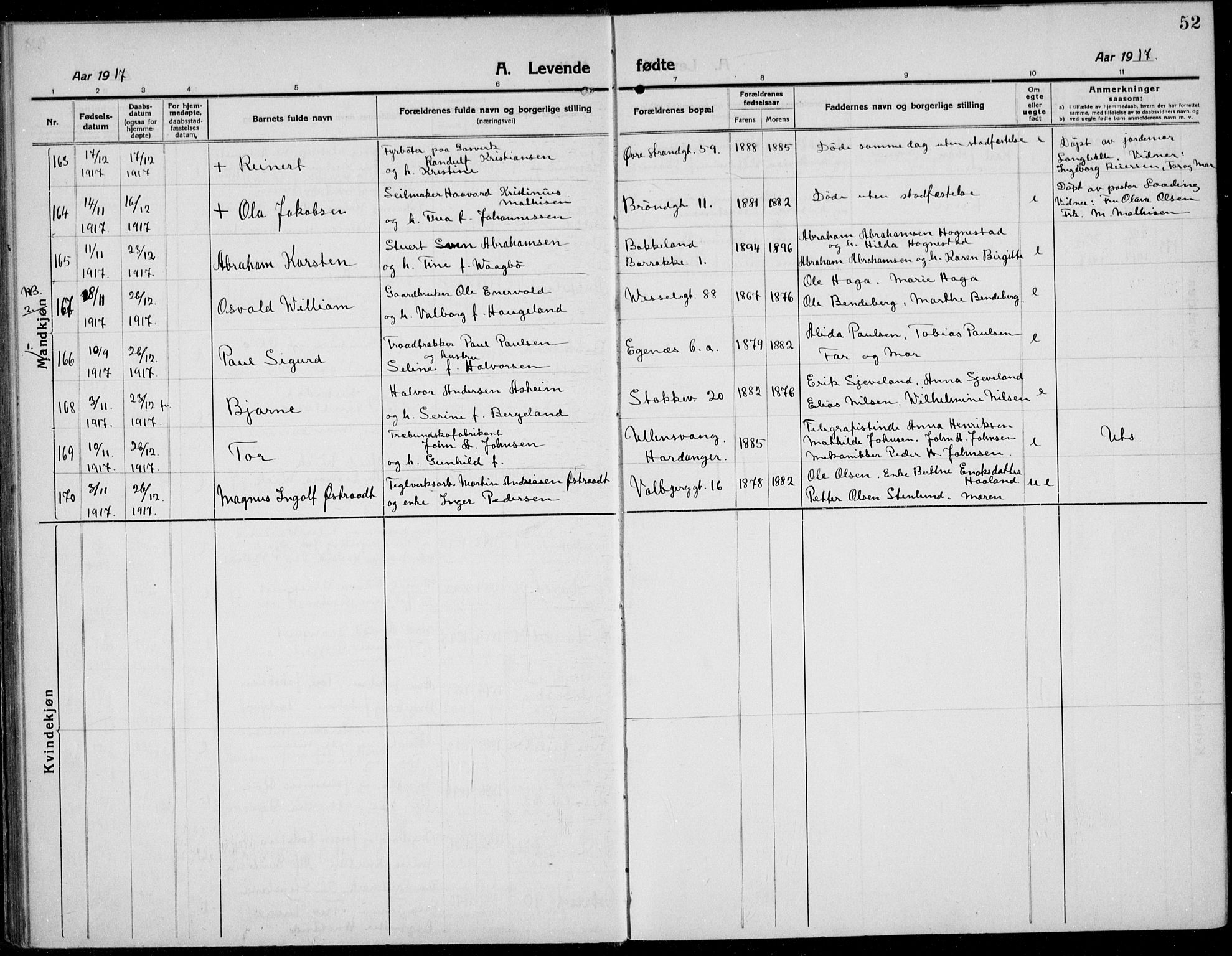Domkirken sokneprestkontor, AV/SAST-A-101812/001/30/30BB/L0019: Klokkerbok nr. B 19, 1915-1932, s. 52